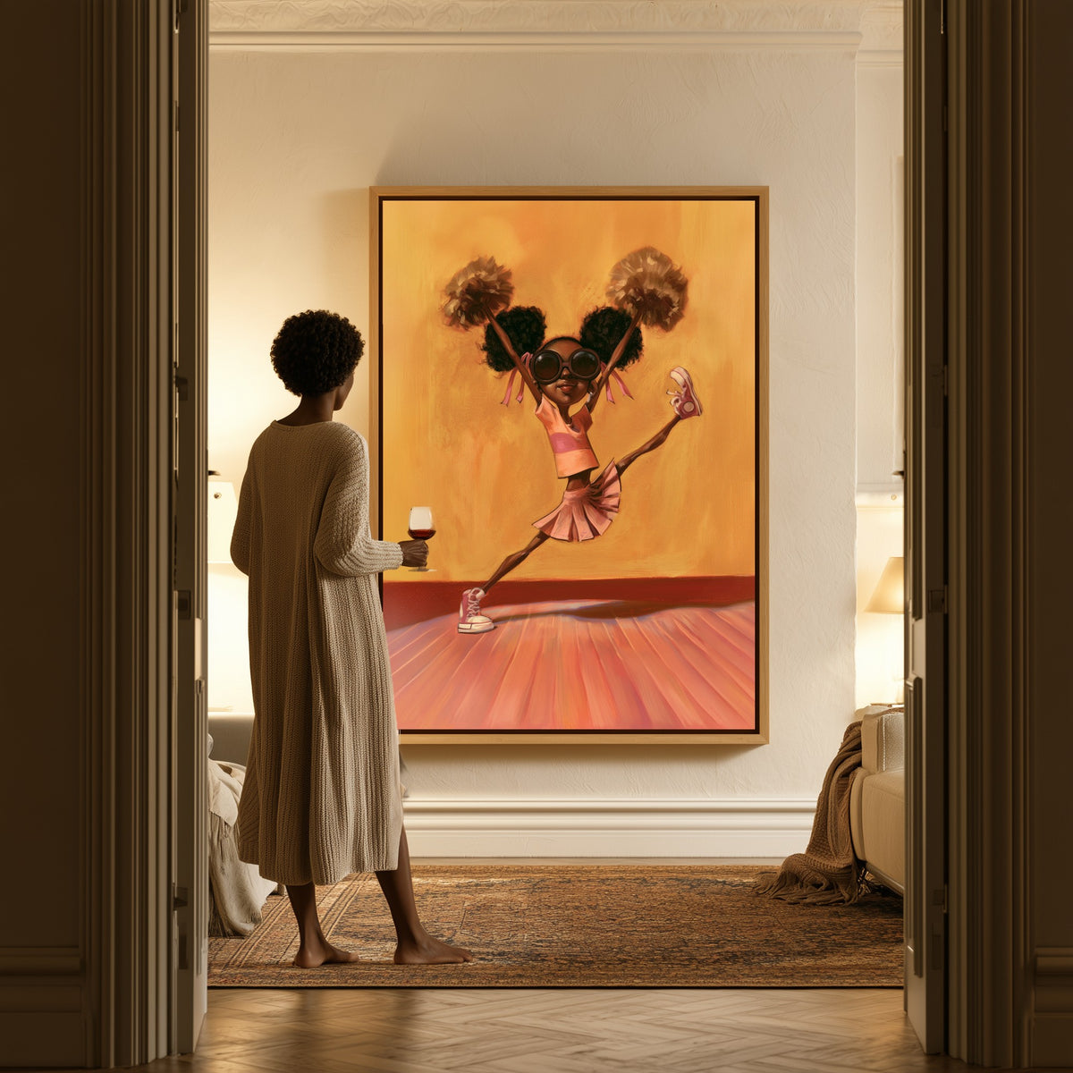 First Leap canvas in a hallway, a woman in a robe at the doorway