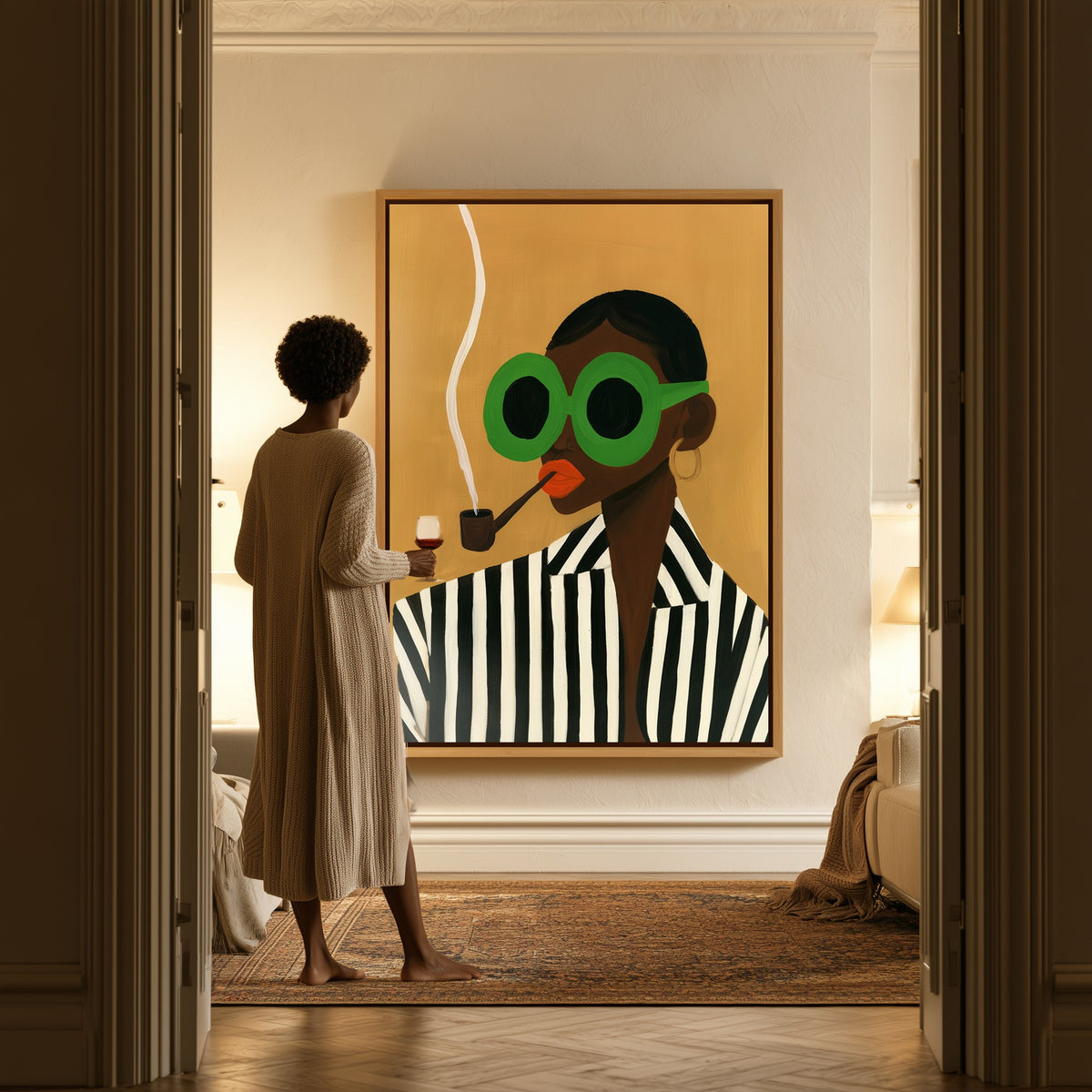 Woman with a Pipe canvas in a hallway, a woman in a robe at the doorway