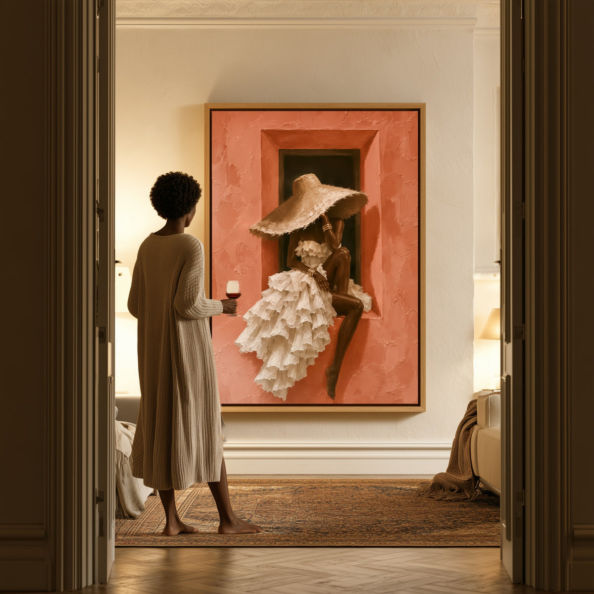 The Window Seat canvas in a hallway, a woman in a robe at the doorway