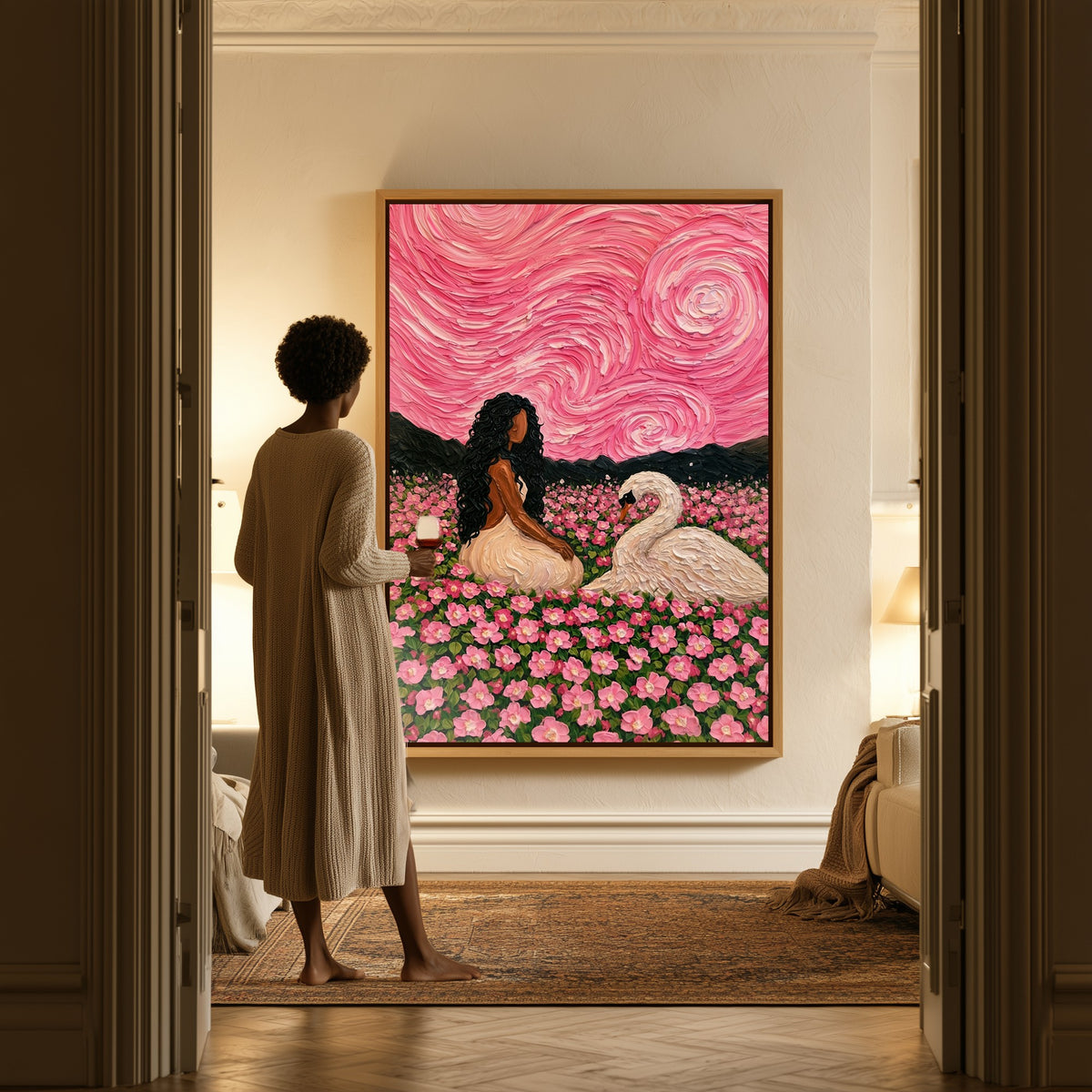 Swan Reverie canvas in a hallway, a woman in a robe at the doorway