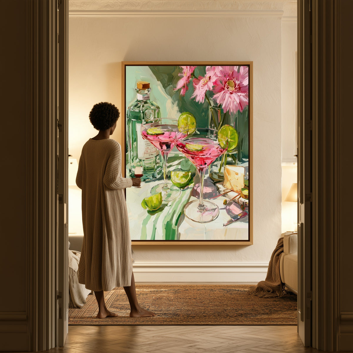 Still Life with Cosmopolitans canvas in a hallway, a woman in a robe at the doorway