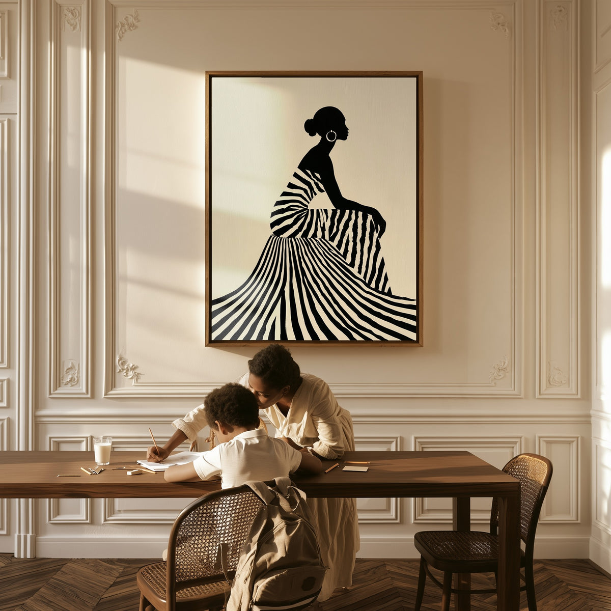 Line and Grace canvas above a table, a mother and child at work