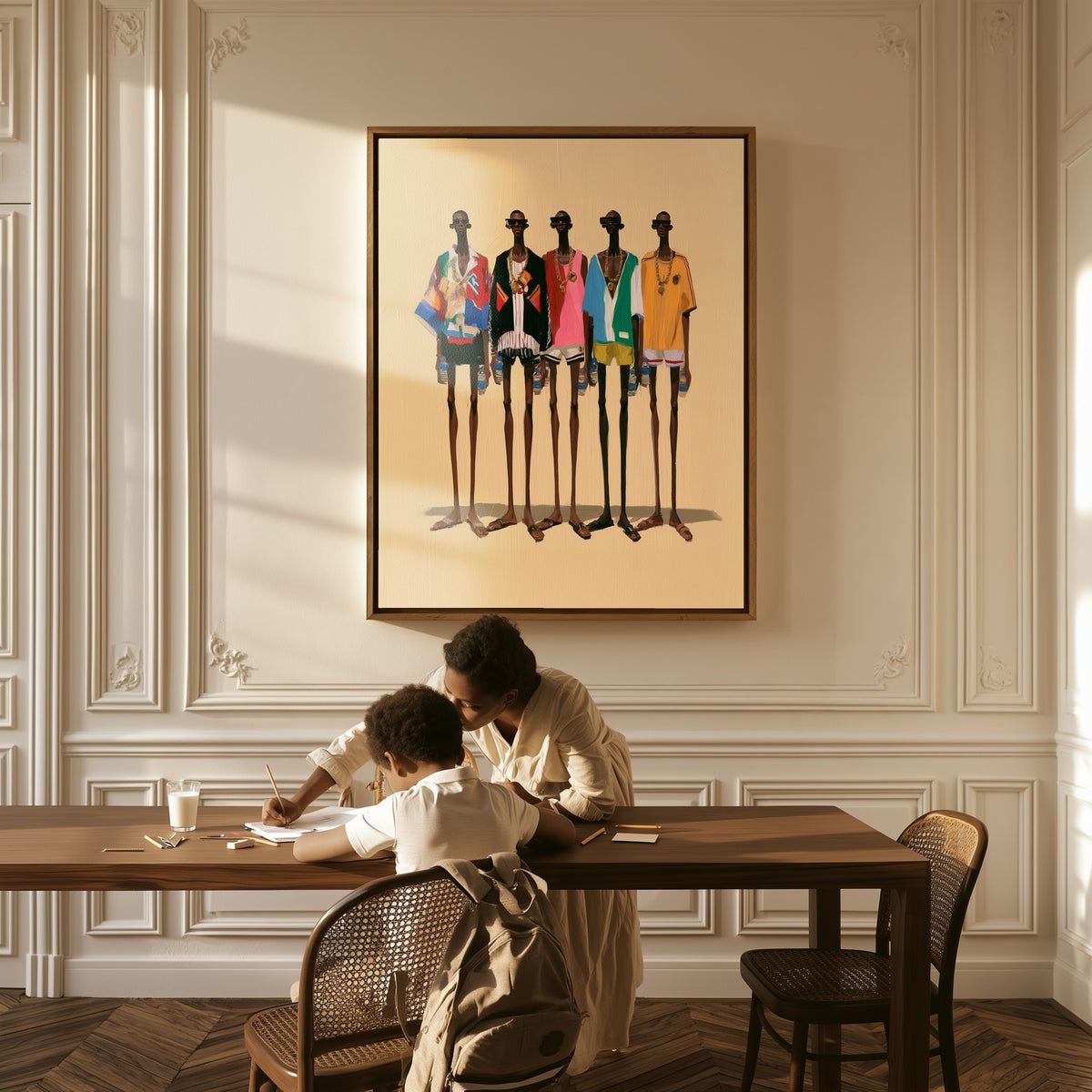 The Crew canvas above a table, a mother and child at work