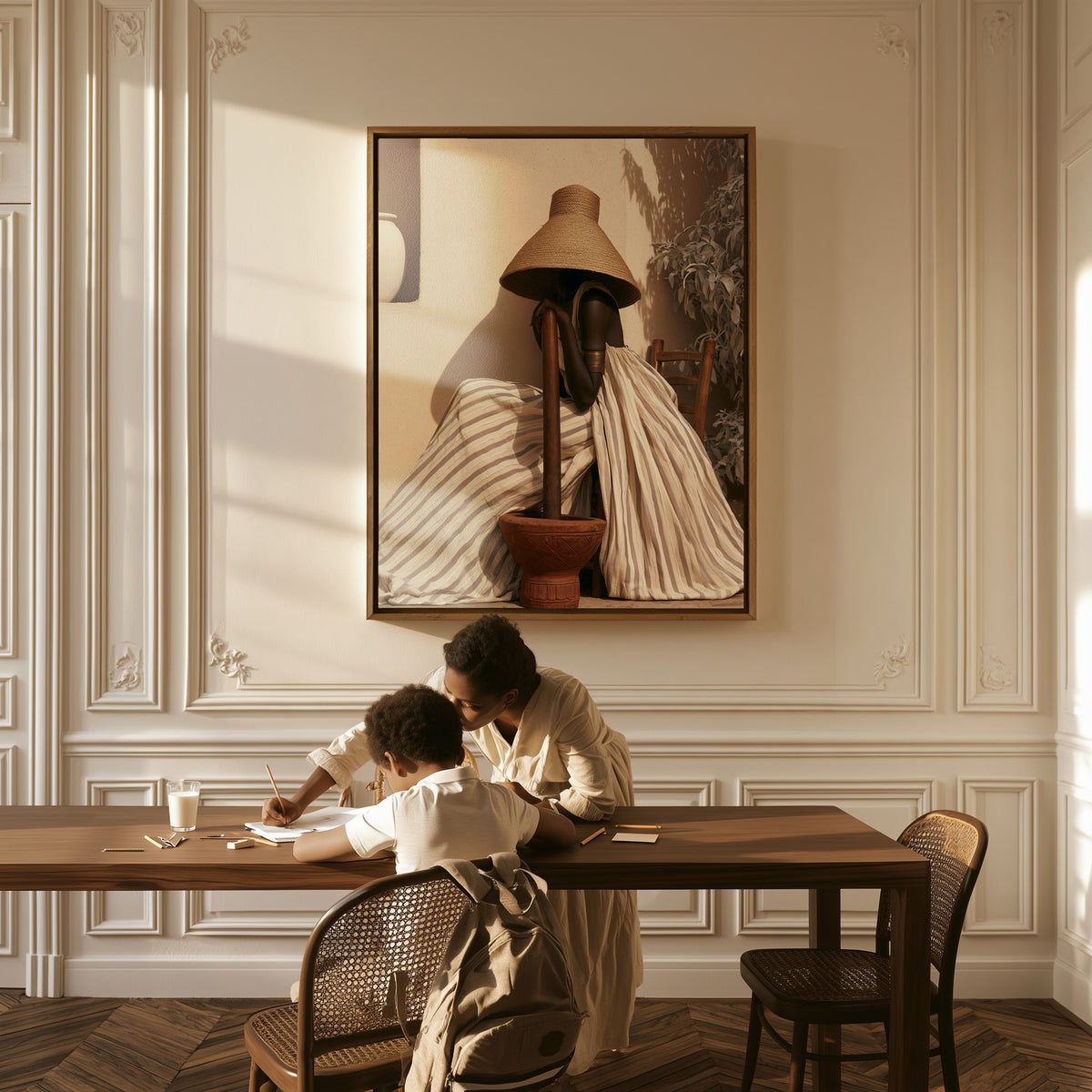 Afternoon at the Mortar canvas above a table, a mother and child at work