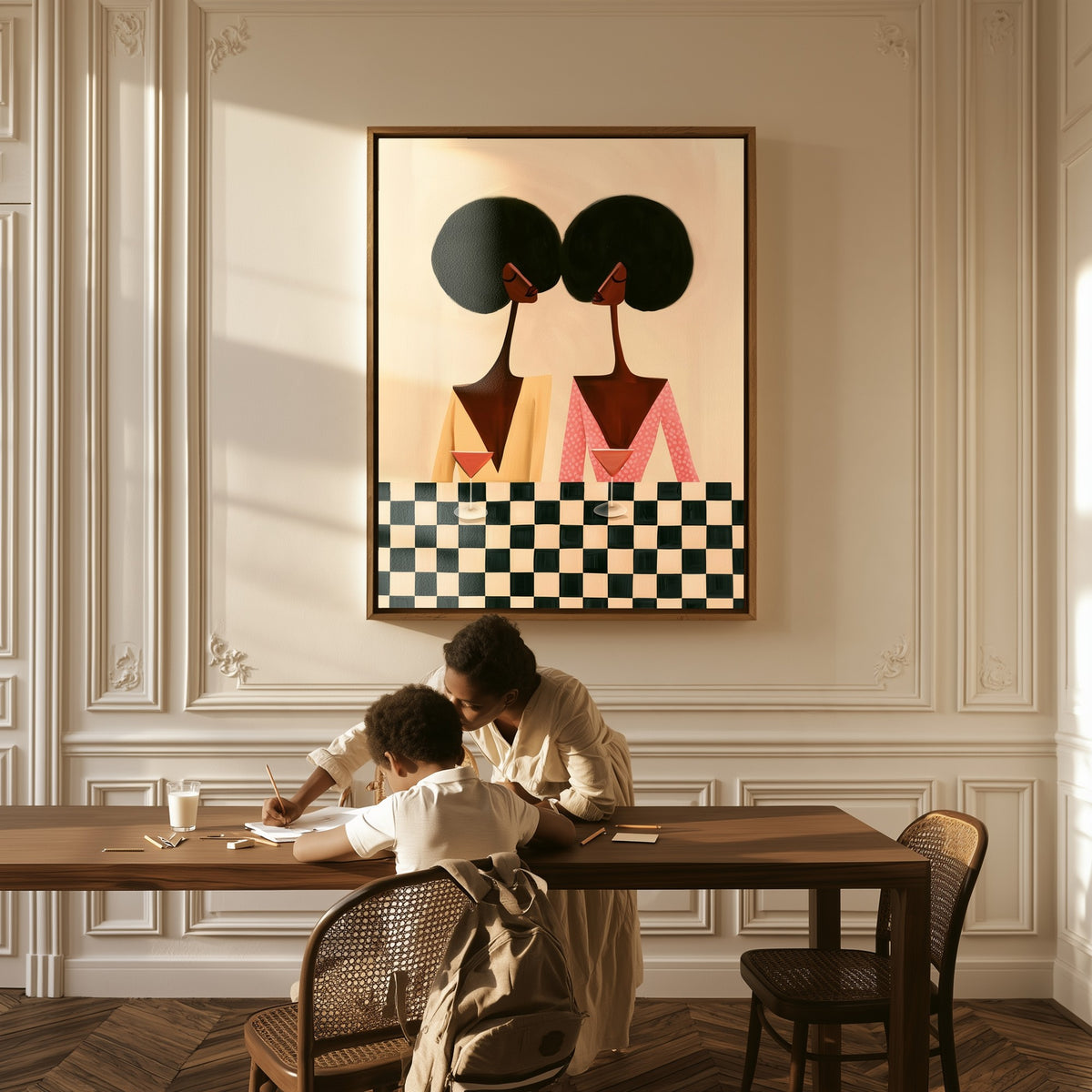 The Checkered Table canvas above a table, a mother and child at work