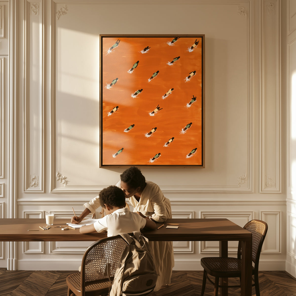 Tangerine Current canvas above a table, a mother and child at work