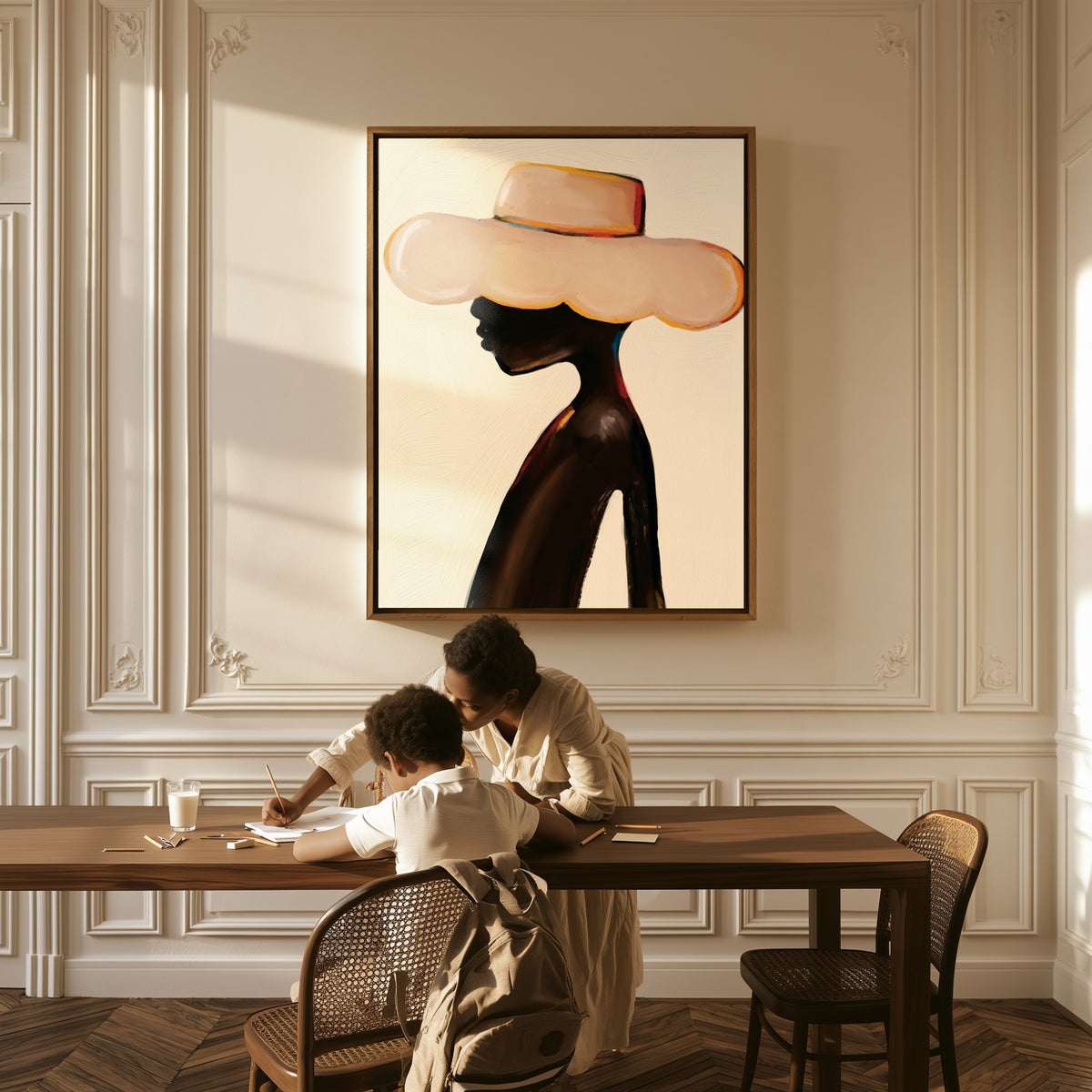 Soft Shade canvas above a table, a mother and child at work