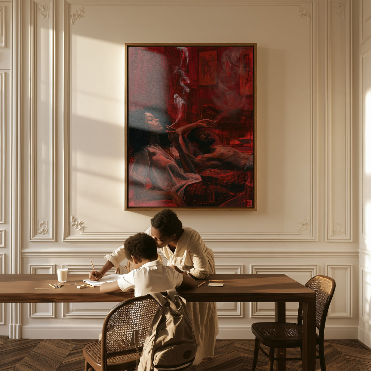 Smoke in the Parlour canvas above a table, a mother and child at work