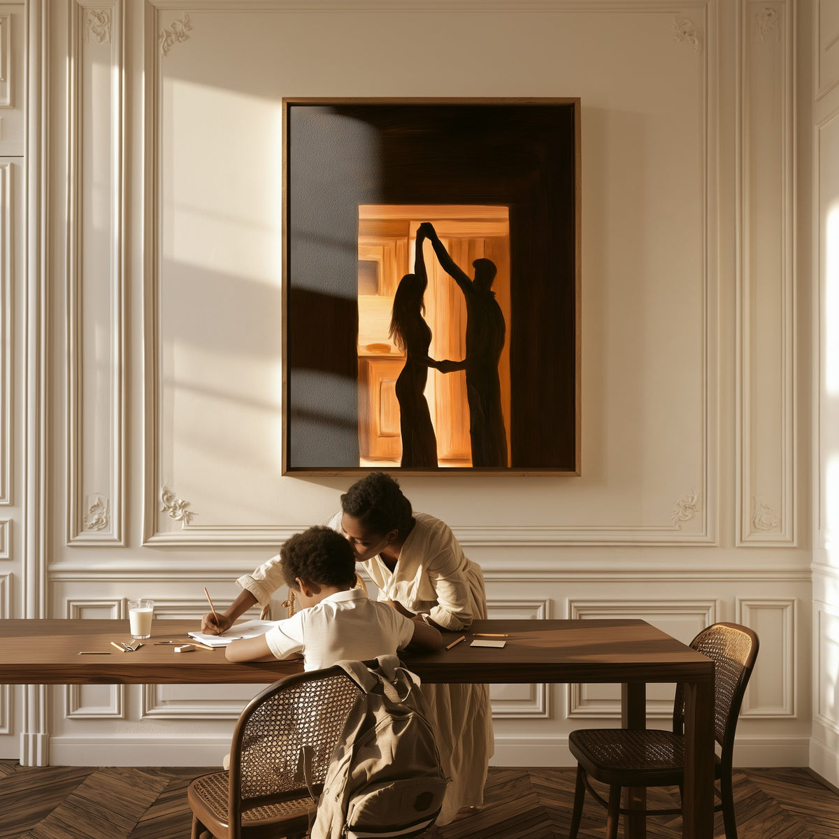 Kitchen Light canvas above a table, a mother and child at work