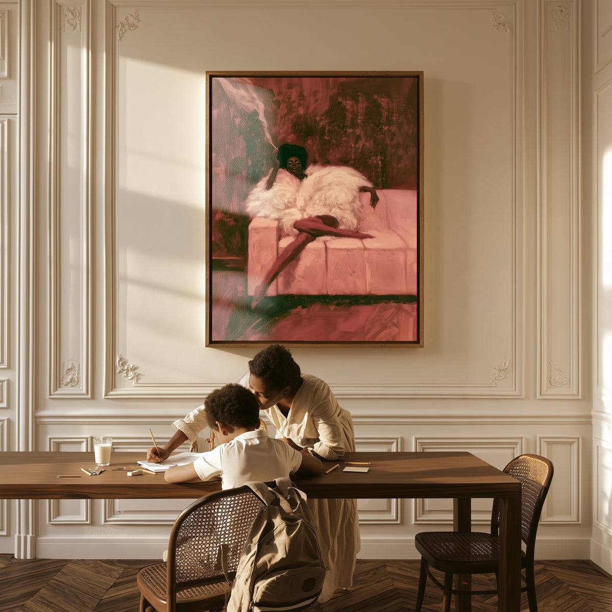 Woman in White Fur canvas above a table, a mother and child at work