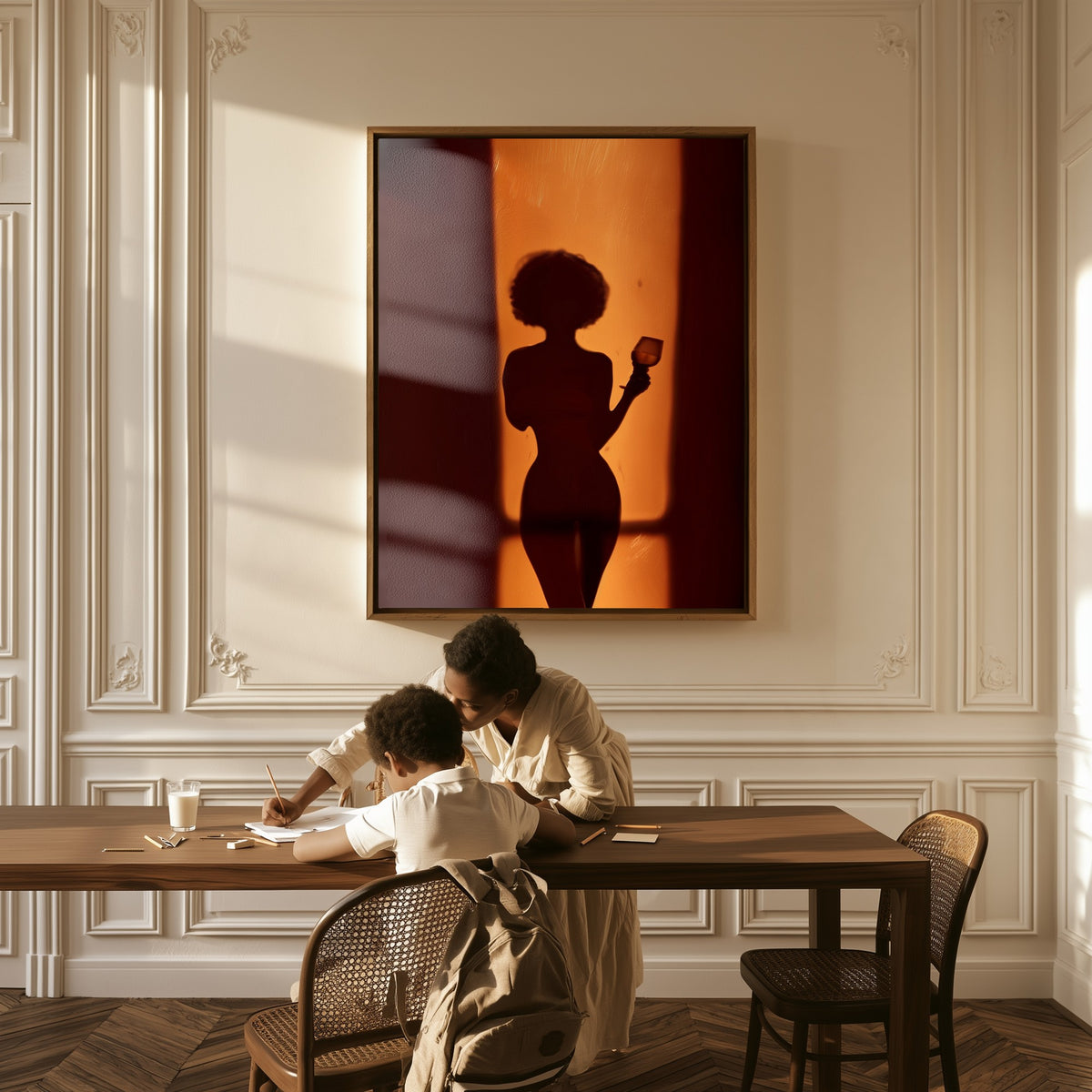 Silhouette at the Door canvas above a table, a mother and child at work
