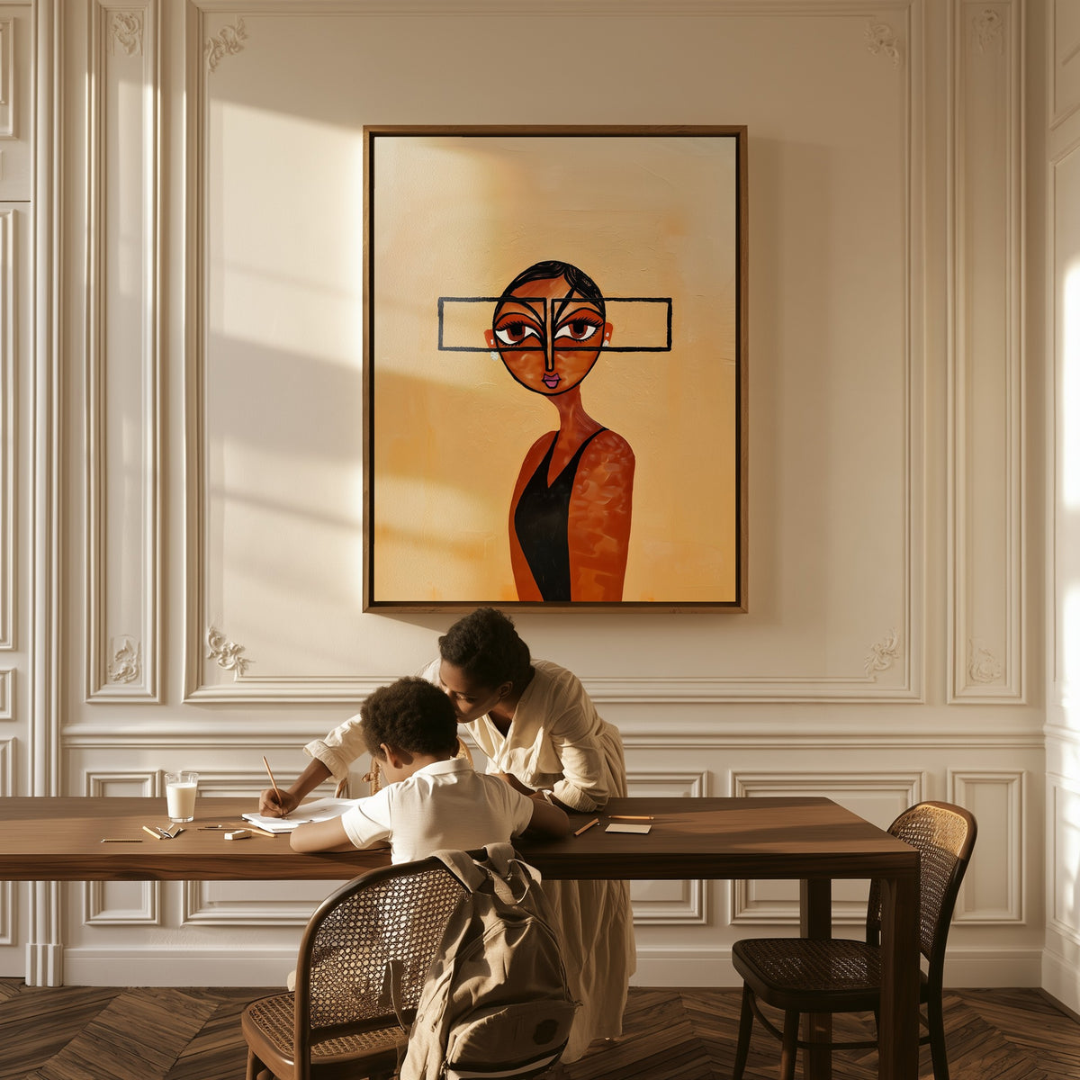 Quiet Scrutiny canvas above a table, a mother and child at work