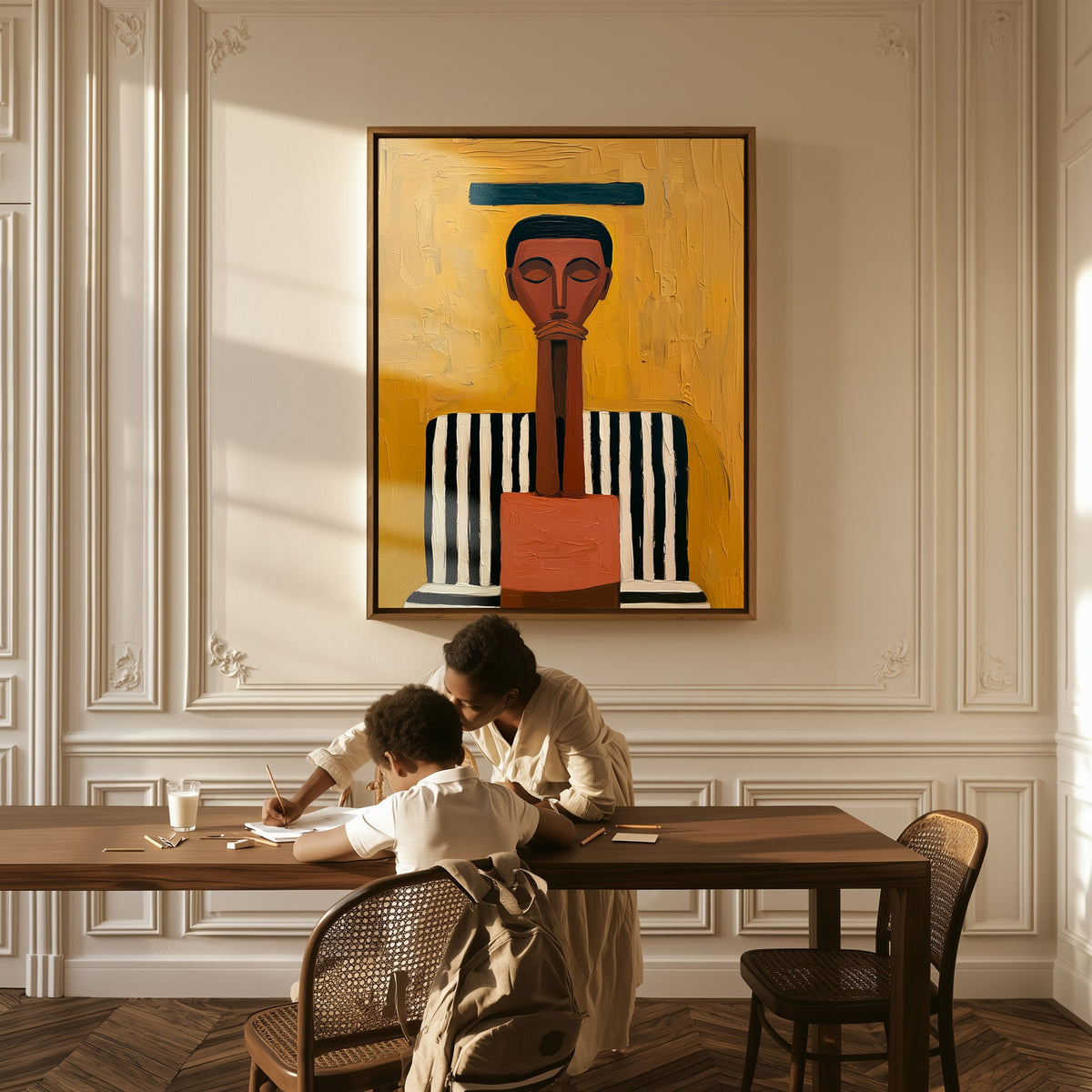 Golden Composure canvas above a table, a mother and child at work