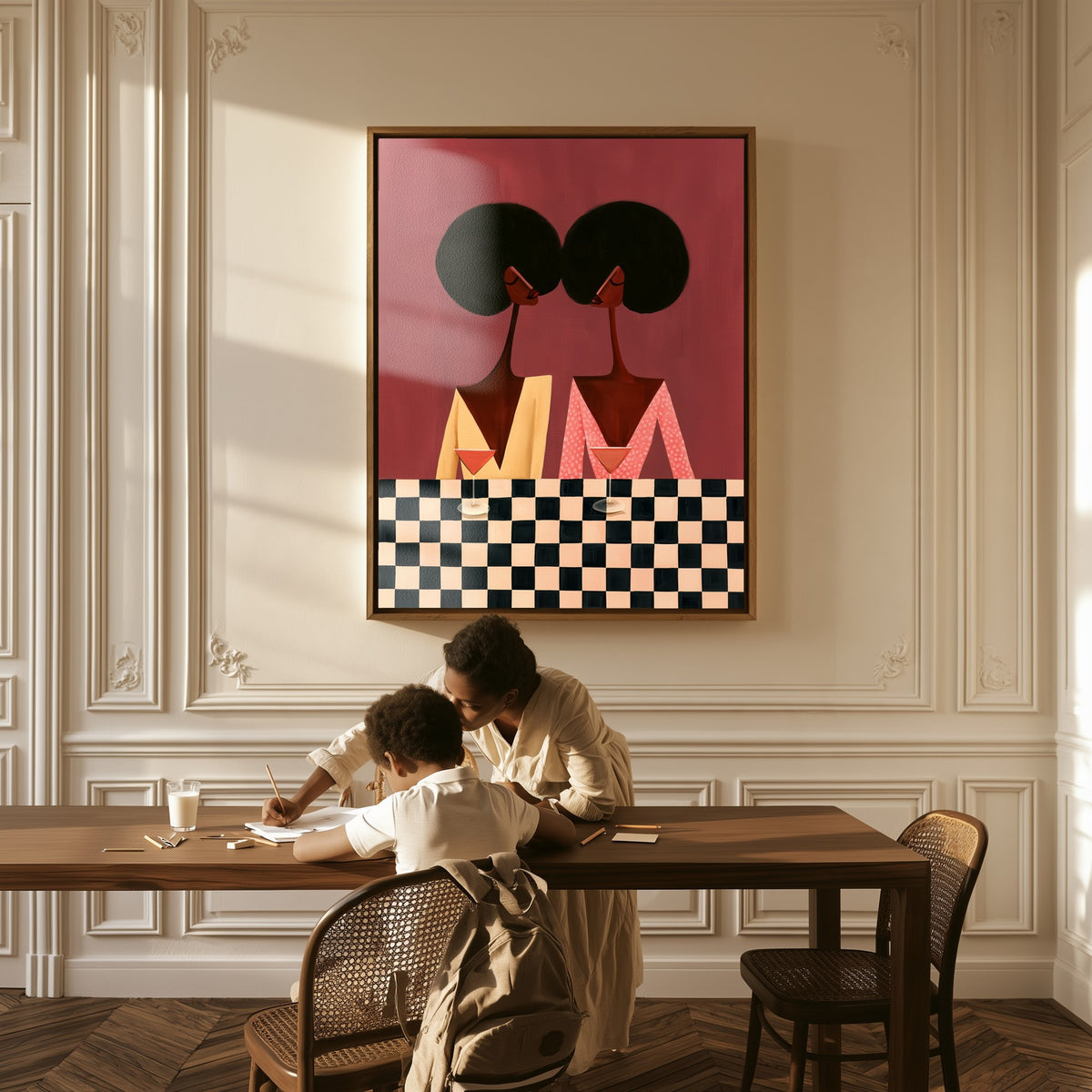 The Checkered Bar canvas above a table, a mother and child at work