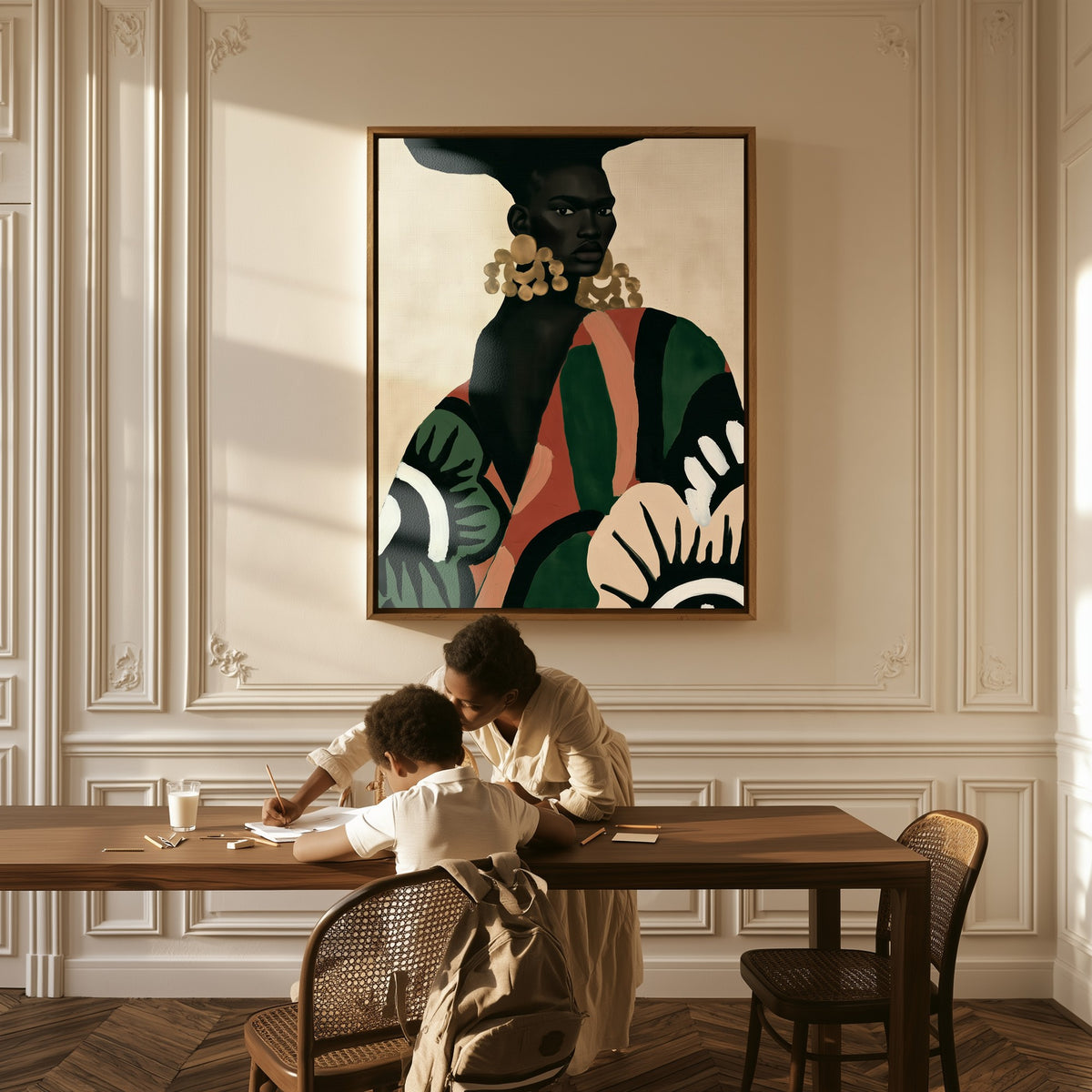 Gold Resonance canvas above a table, a mother and child at work