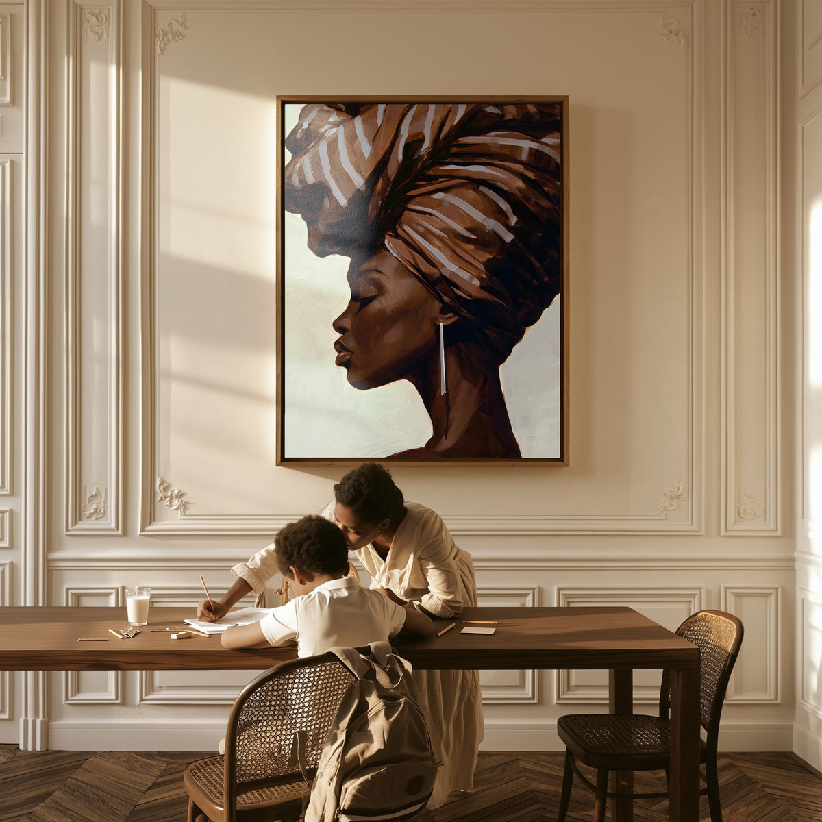 Profile in Umber canvas above a table, a mother and child at work
