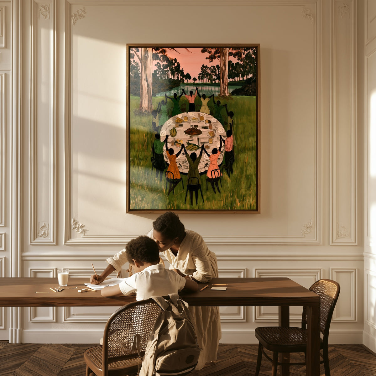 Grace Before Supper canvas above a table, a mother and child at work