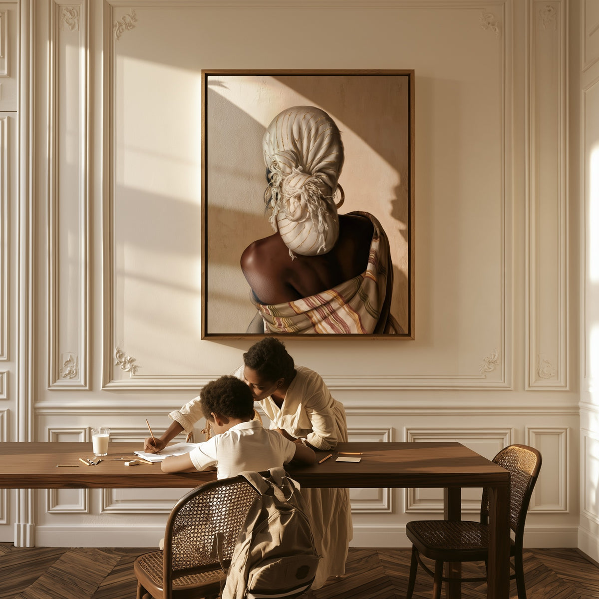 White Wrap canvas above a table, a mother and child at work