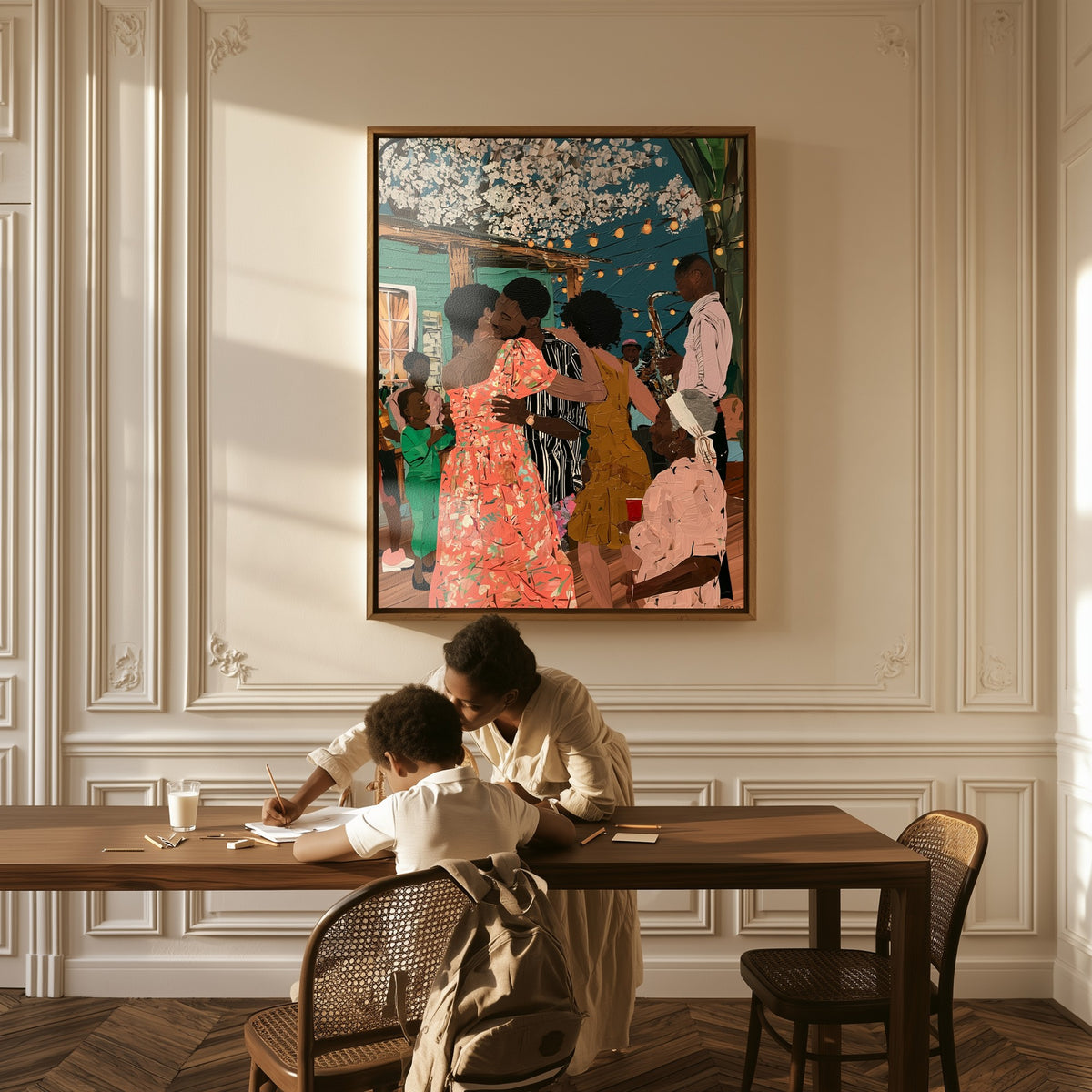 Party Under the Blossoms canvas above a table, a mother and child at work