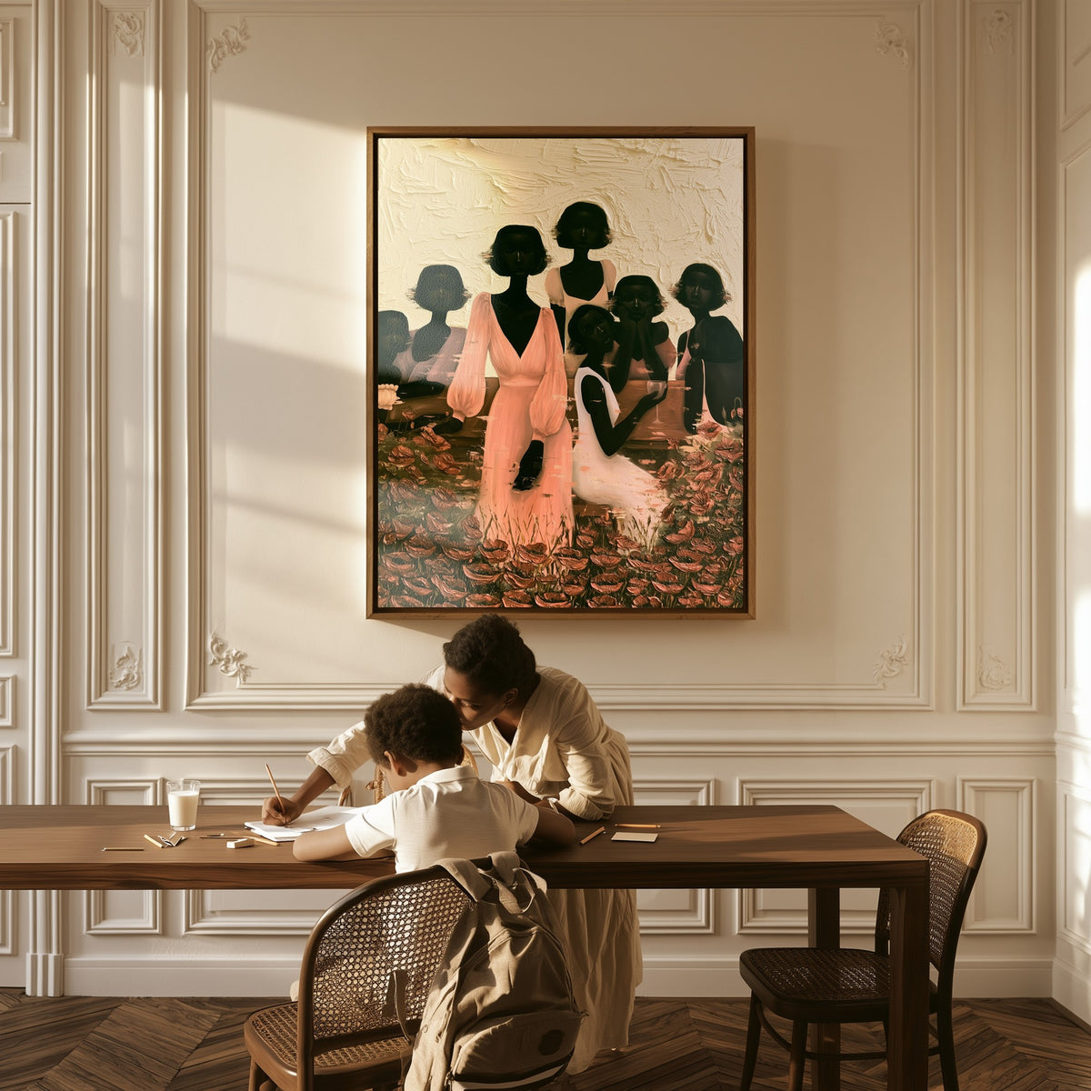 The Bridal Party canvas above a table, a mother and child at work