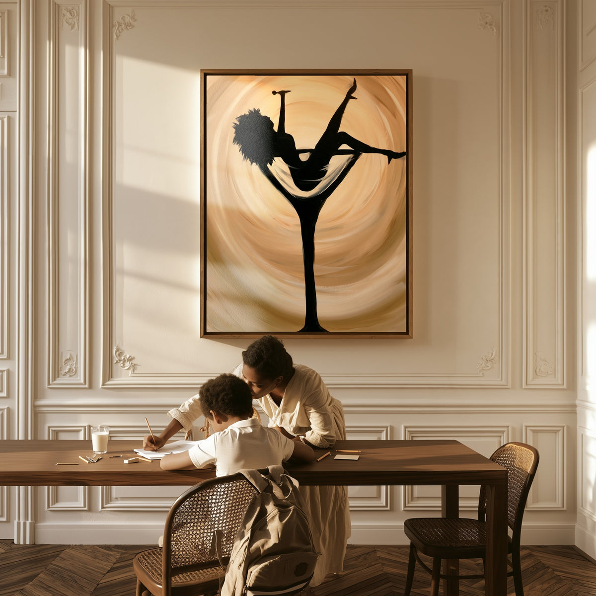 Woman in the Glass canvas above a table, a mother and child at work