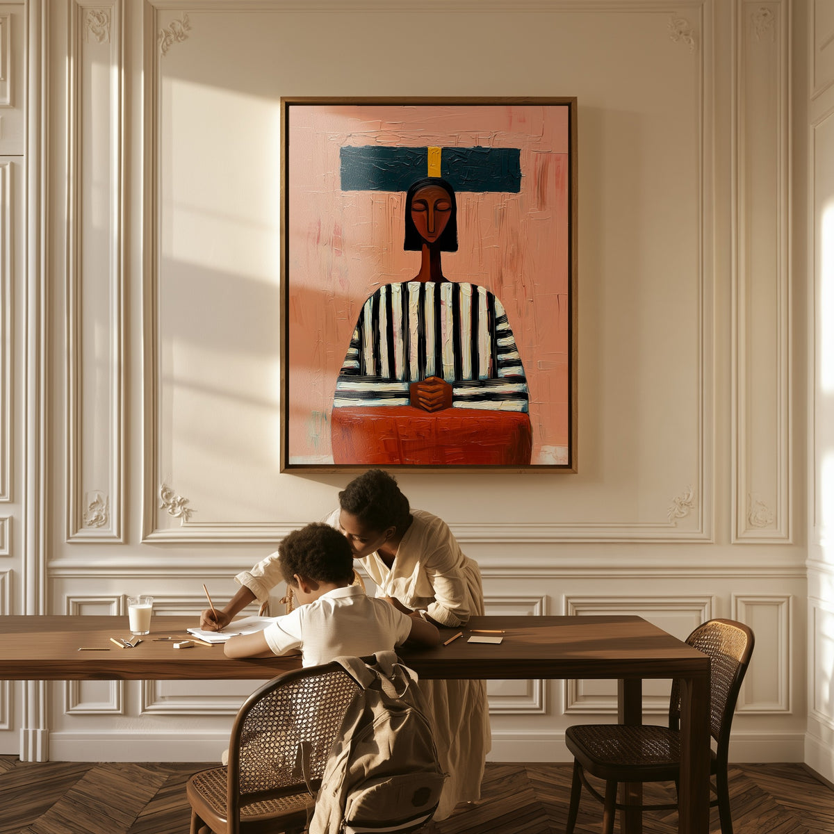The Carrier canvas above a table, a mother and child at work