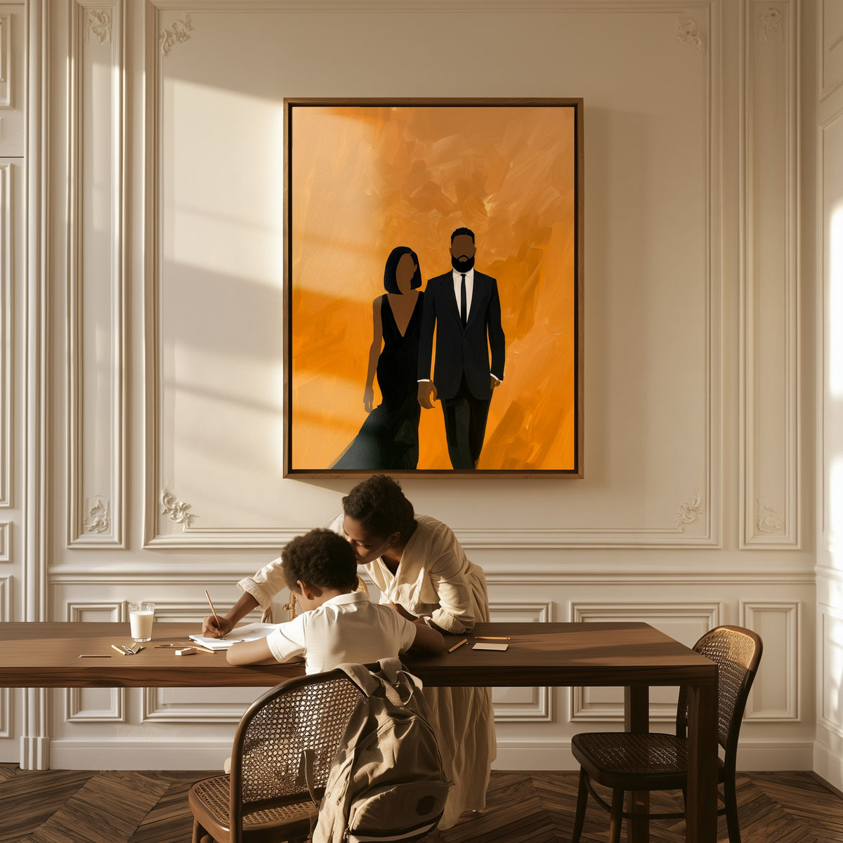 Evening Arrival canvas above a table, a mother and child at work