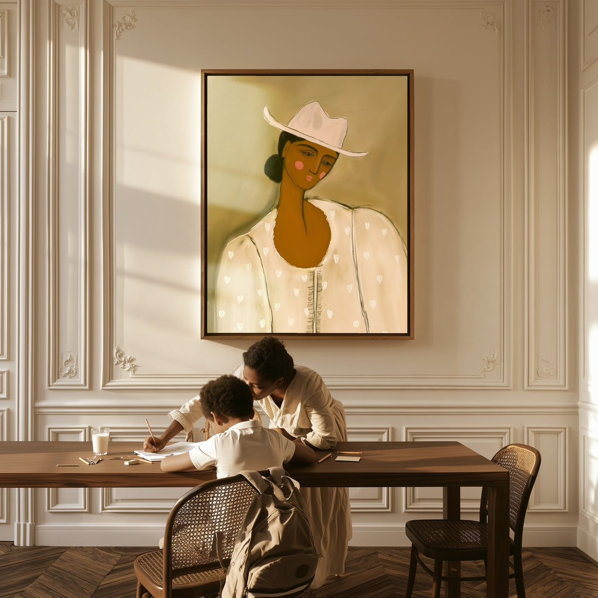 Girl in Stetson canvas above a table, a mother and child at work