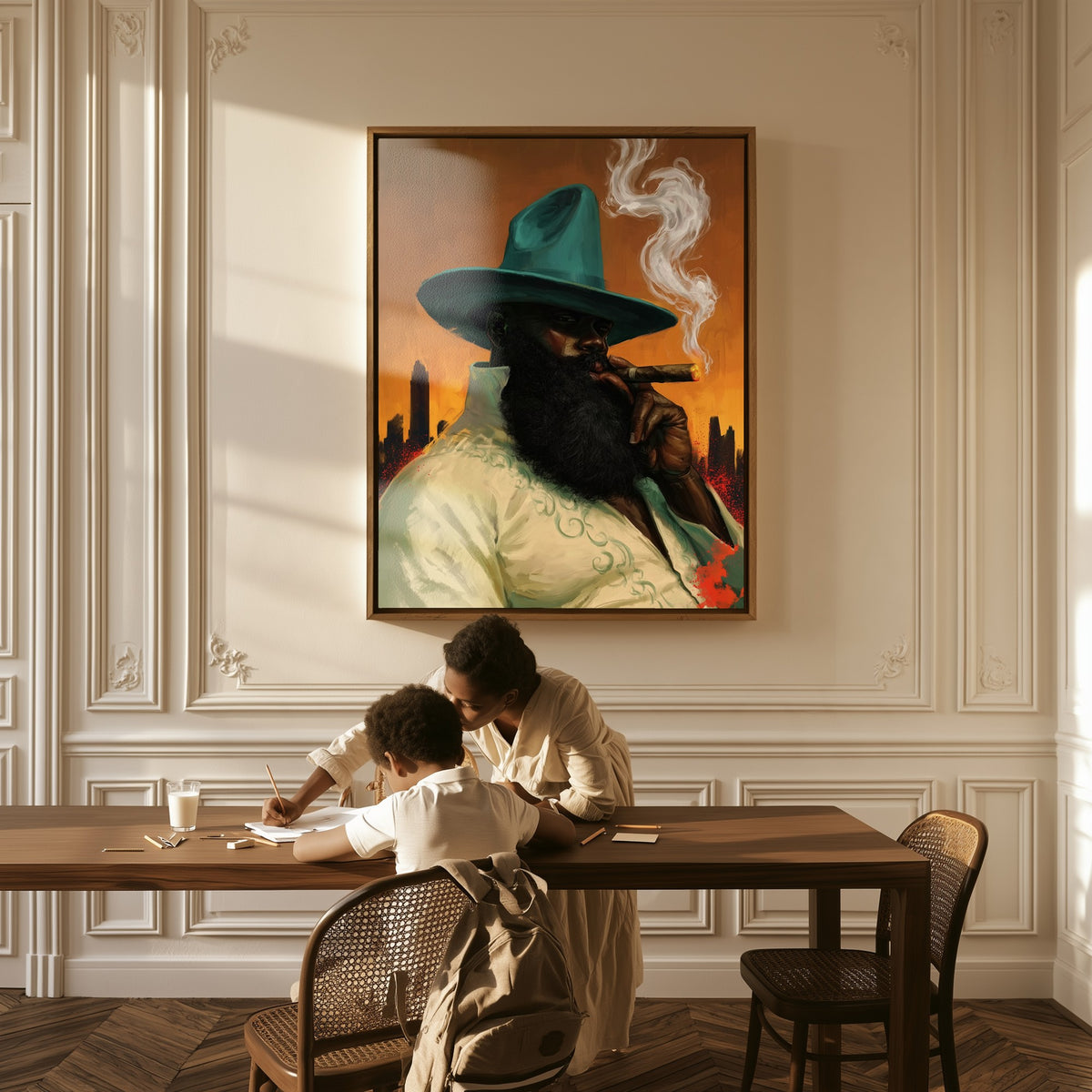 The Patron canvas above a table, a mother and child at work