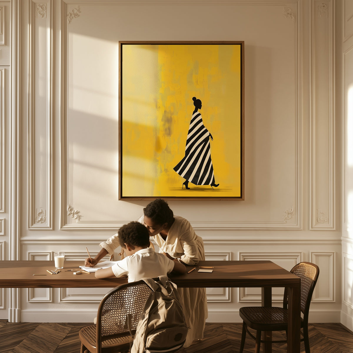Forward Motion canvas above a table, a mother and child at work
