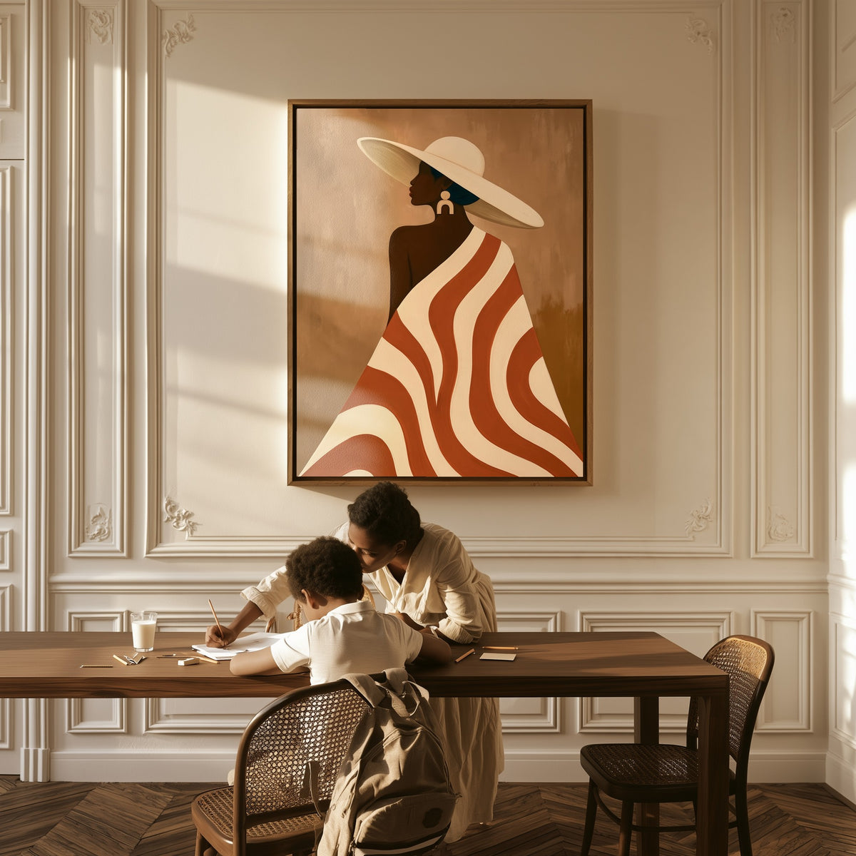 The Wide Hat canvas above a table, a mother and child at work