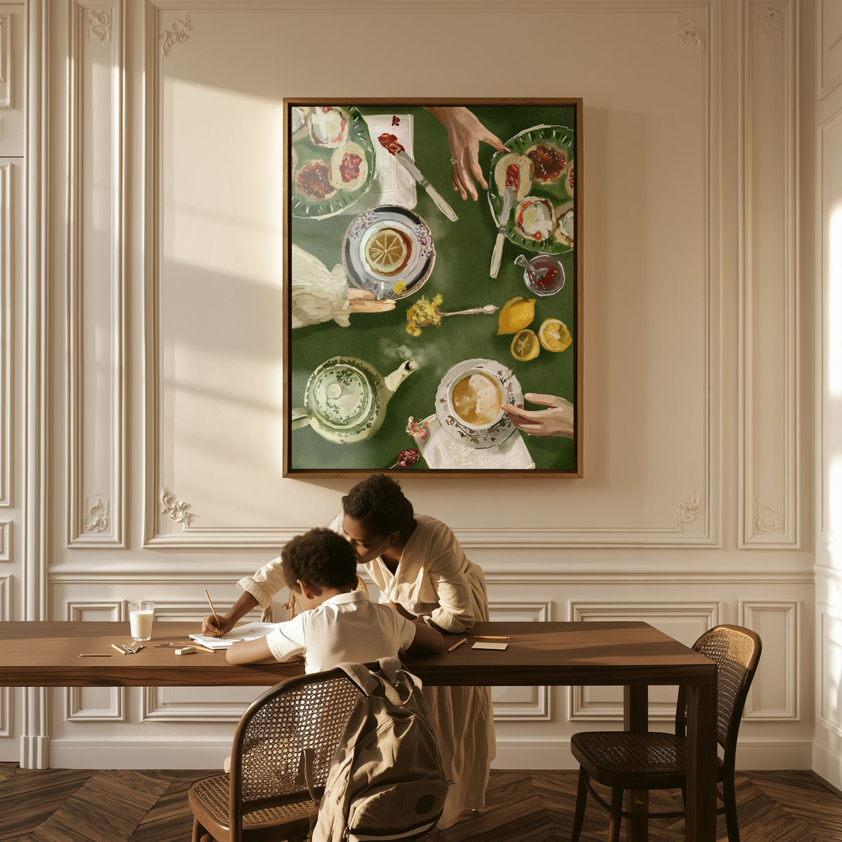 Afternoon Tea canvas above a table, a mother and child at work