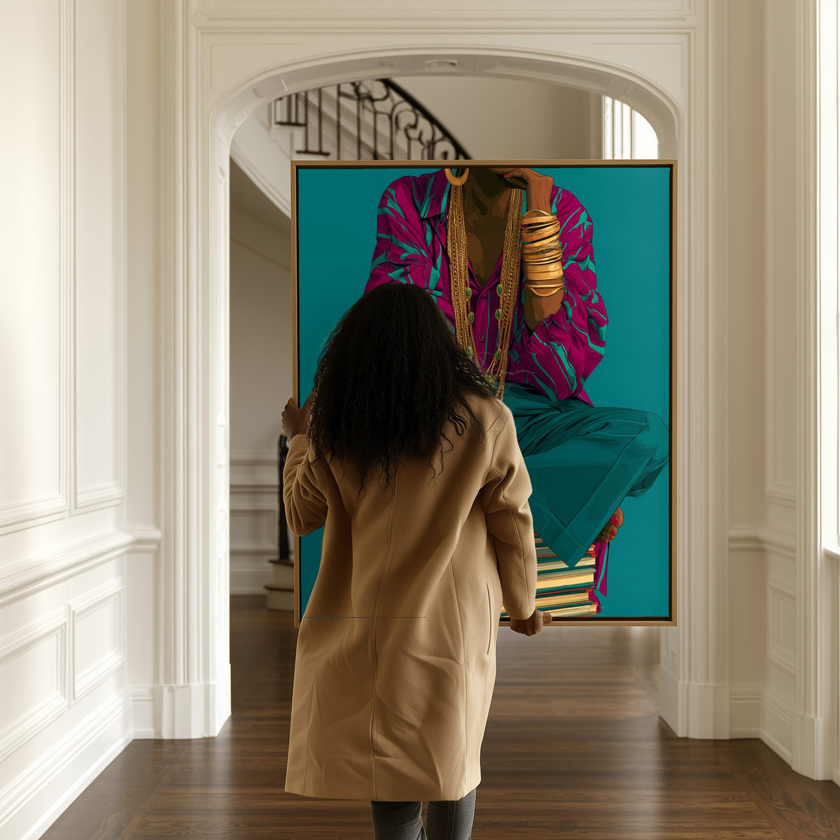 Throne of Books canvas in a hallway, a woman passing by