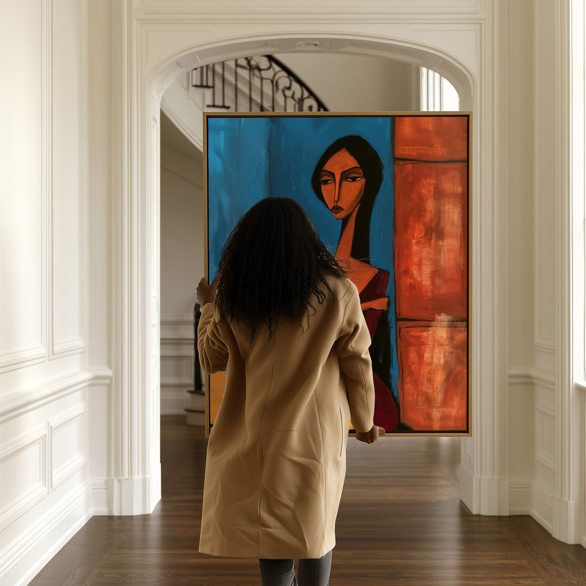 Evening Solitude canvas in a hallway, a woman passing by