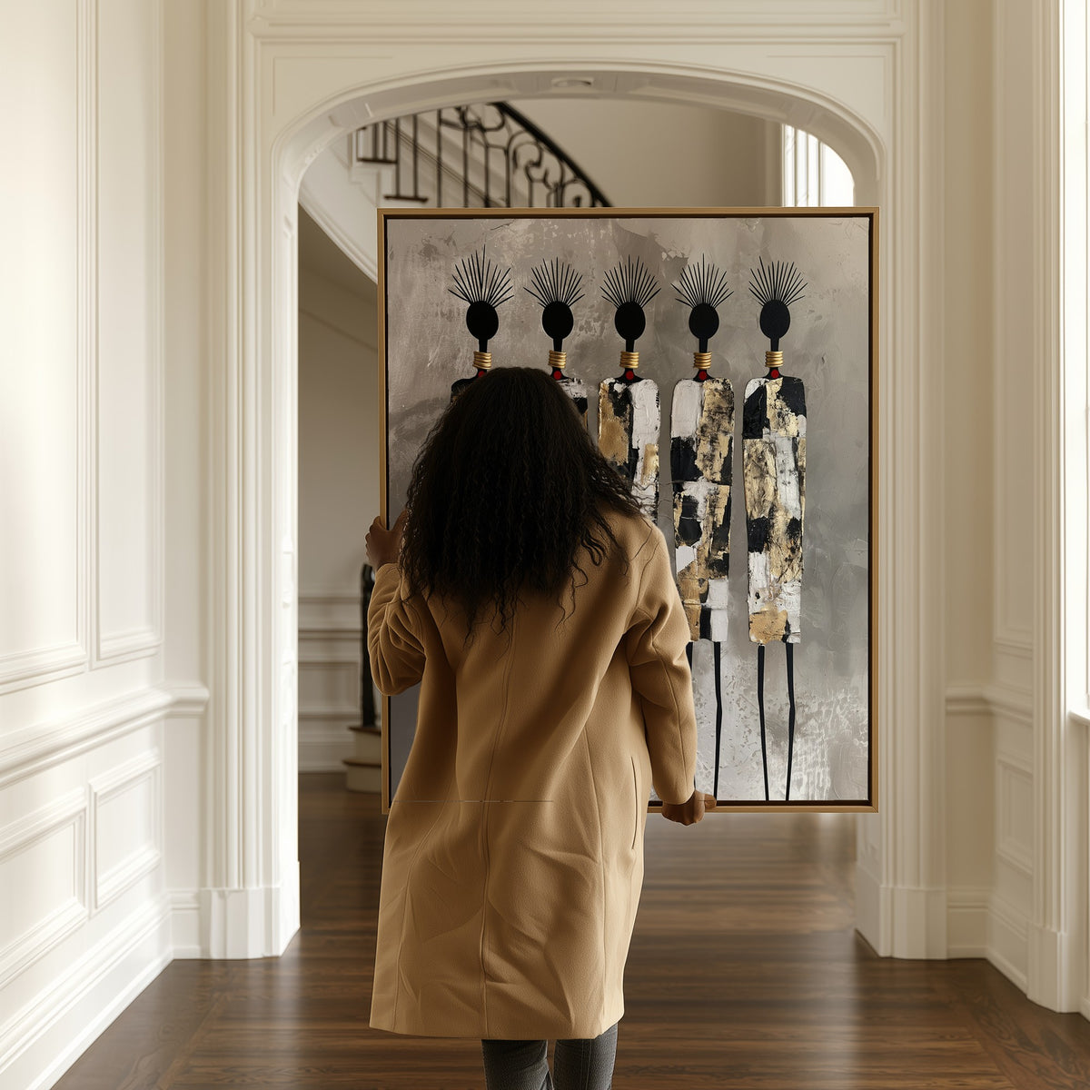 Gilded Rhythm canvas in a hallway, a woman passing by