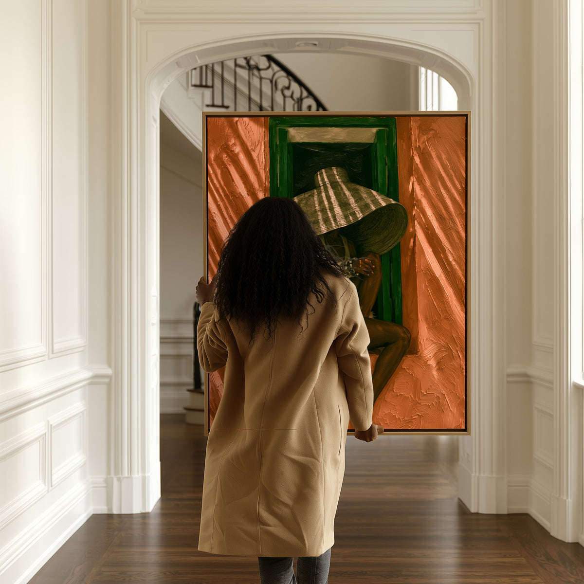 Woman at the Window canvas in a hallway, a woman passing by