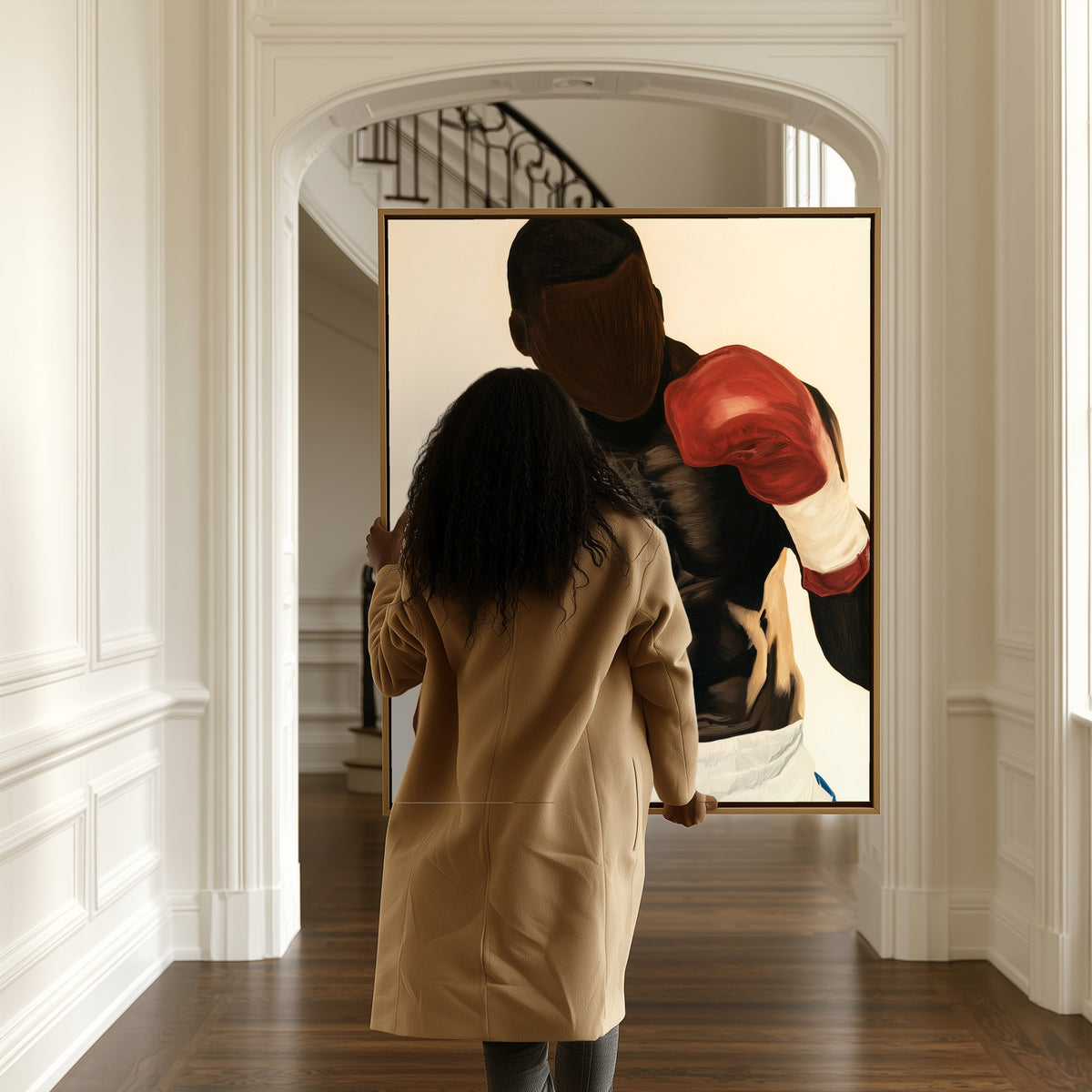 The Contender canvas in a hallway, a woman passing by
