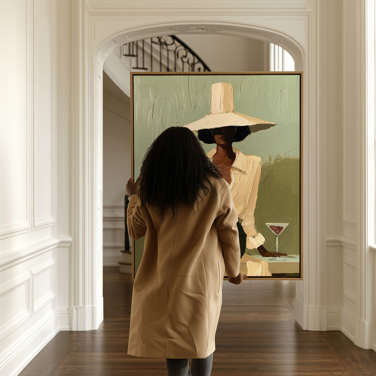 Lady with a Martini canvas in a hallway, a woman passing by