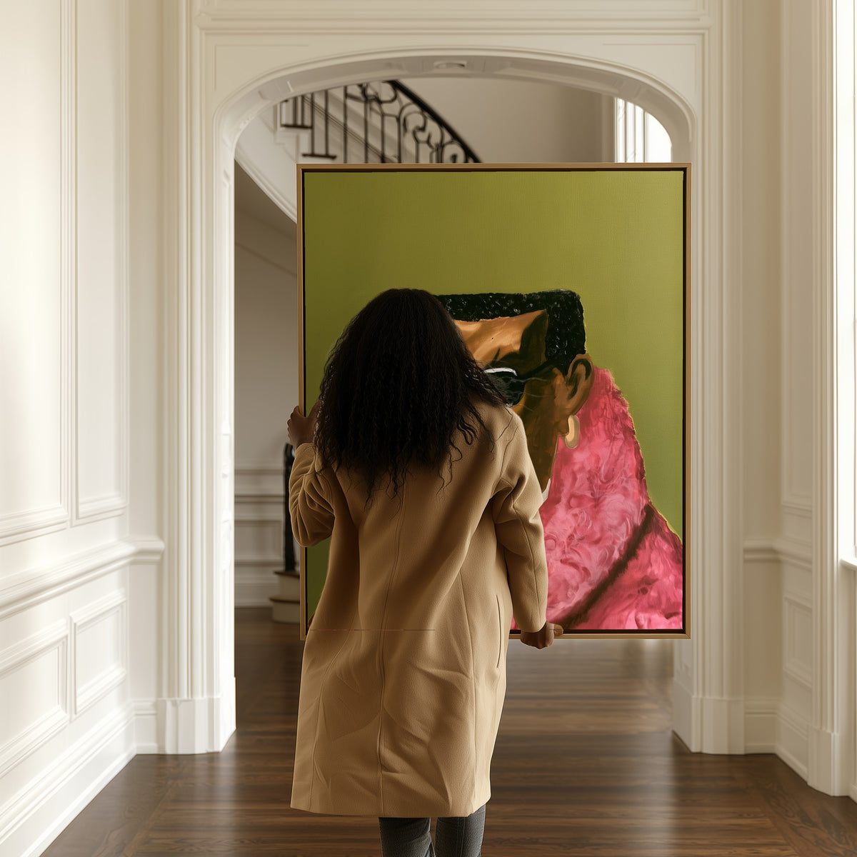 Gentleman in Pink Fur canvas in a hallway, a woman passing by