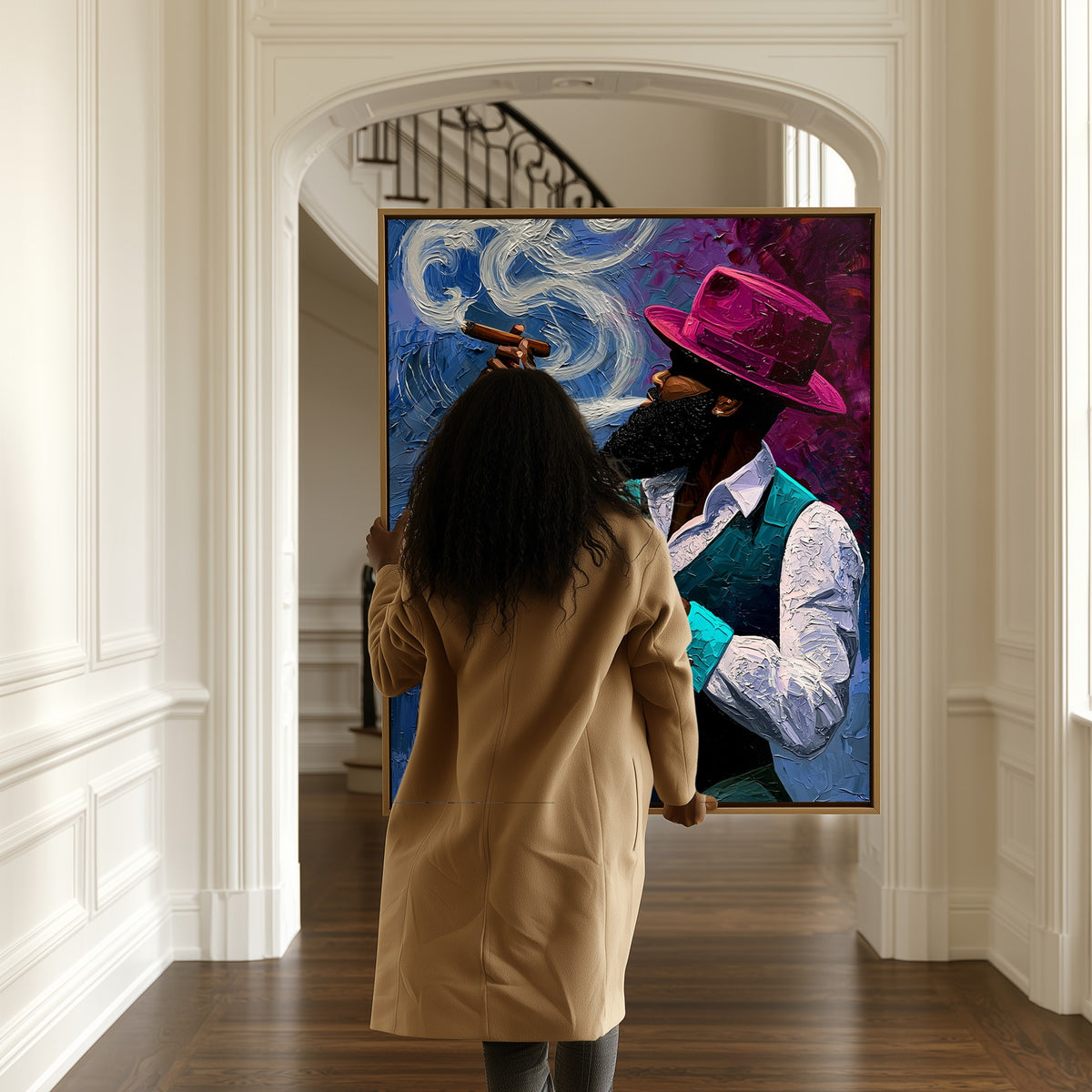 Gentleman in Magenta canvas in a hallway, a woman passing by