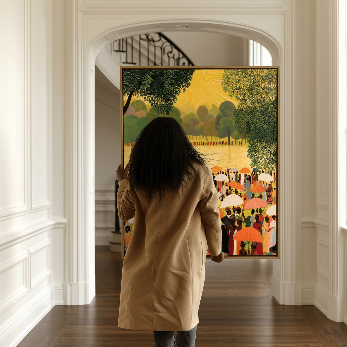 Reunion by the Lake canvas in a hallway, a woman passing by
