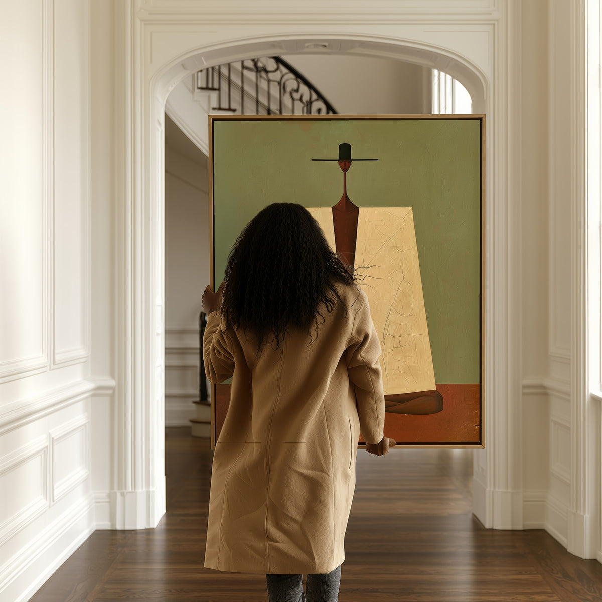 Composure canvas in a hallway, a woman passing by