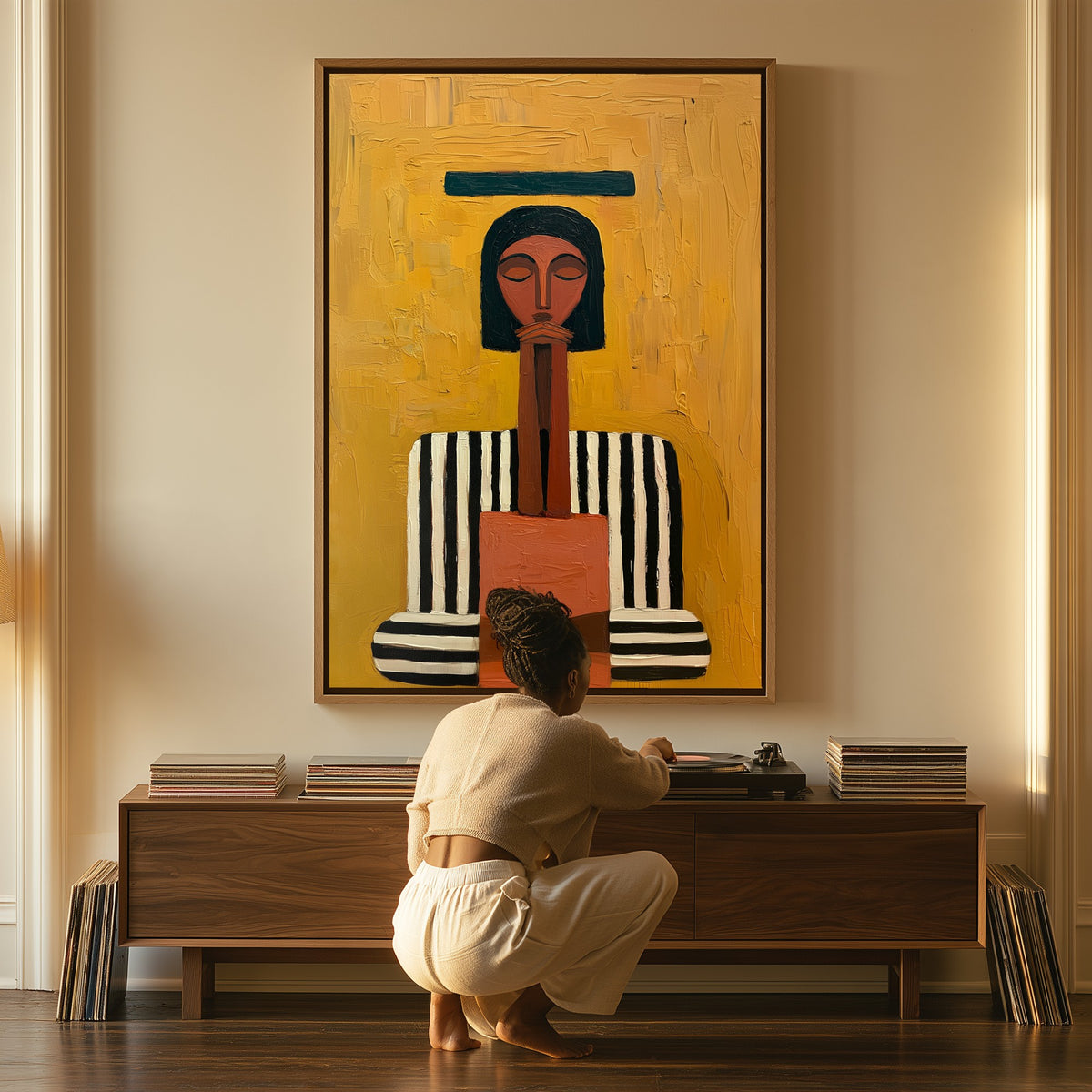 The Keeper canvas above a console table, a woman beside it