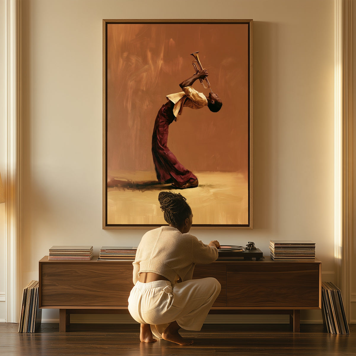 The Last Note canvas above a console table, a woman beside it