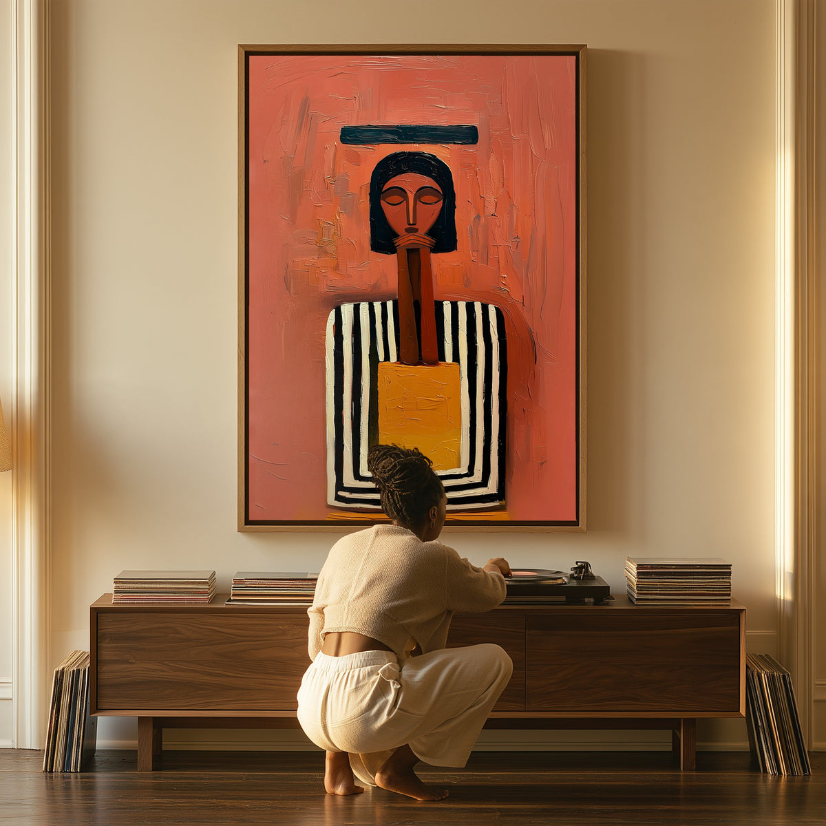 Woman Keeping Counsel canvas above a console table, a woman beside it