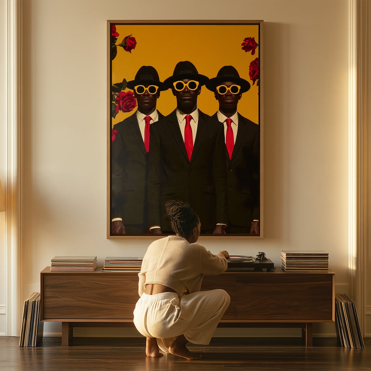 Three Gentlemen canvas above a console table, a woman beside it