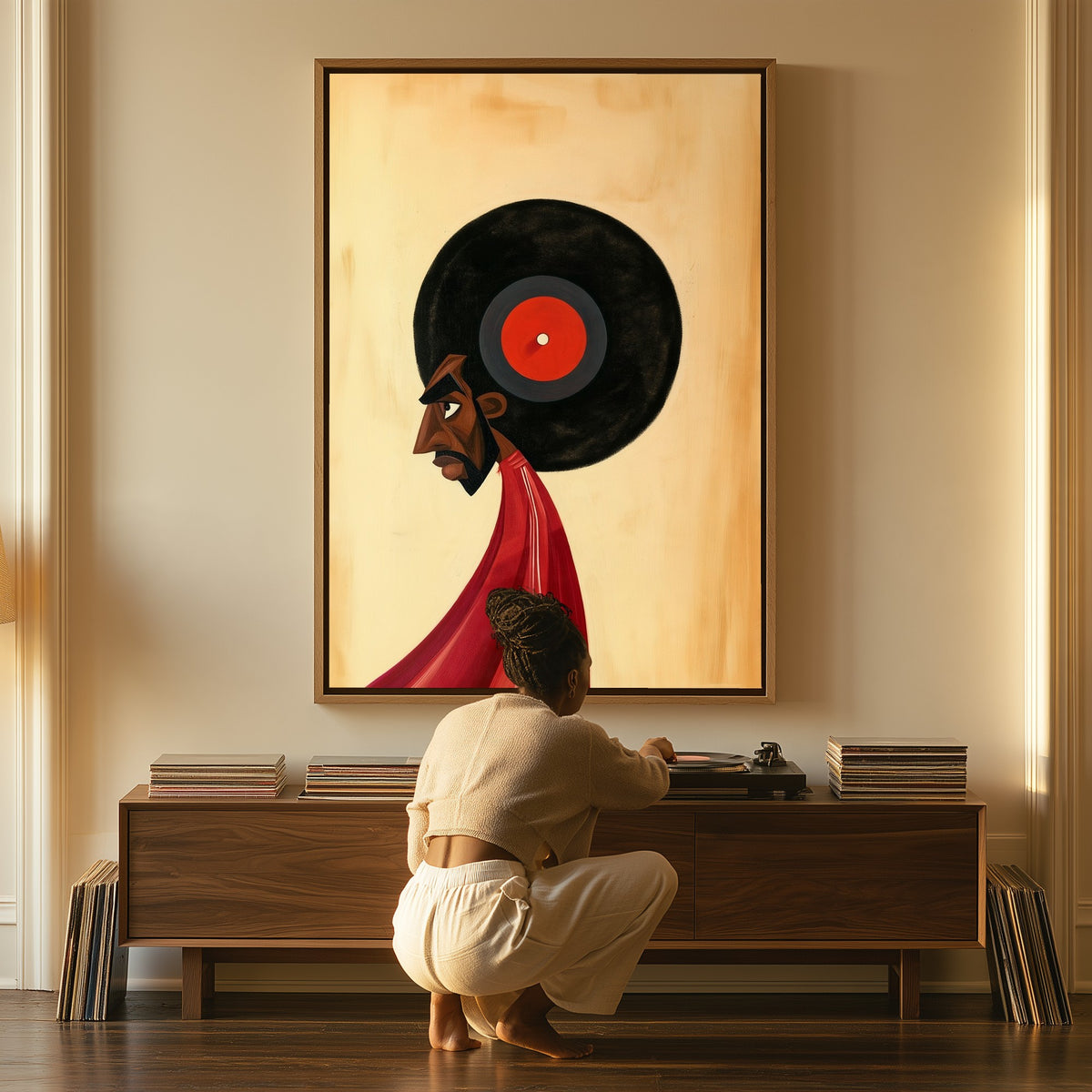 The Listener canvas above a console table, a woman beside it