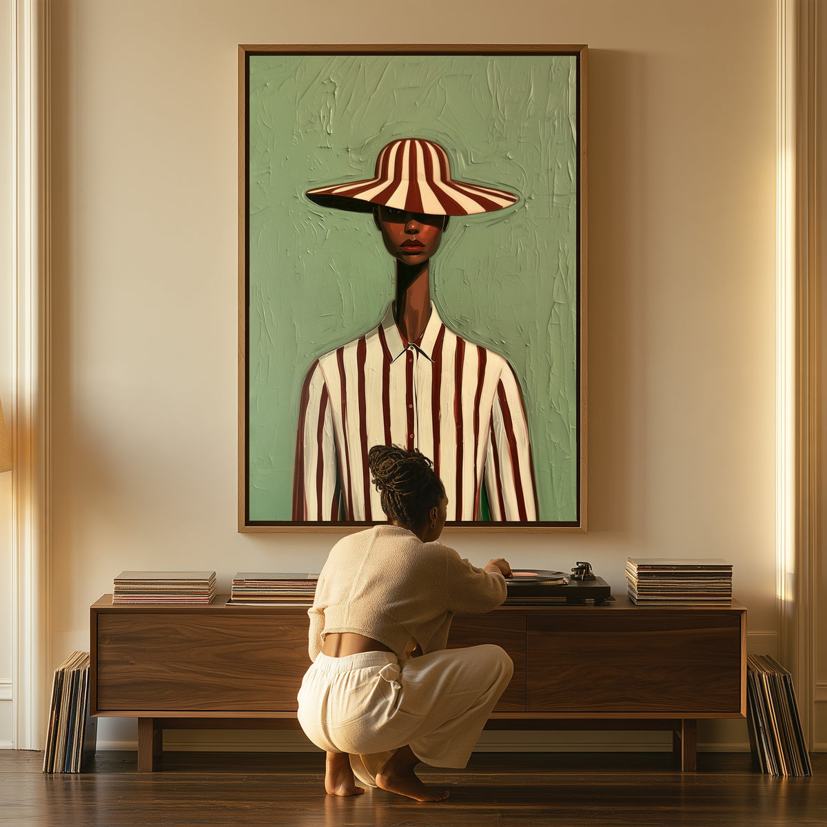 Striped Composure canvas above a console table, a woman beside it