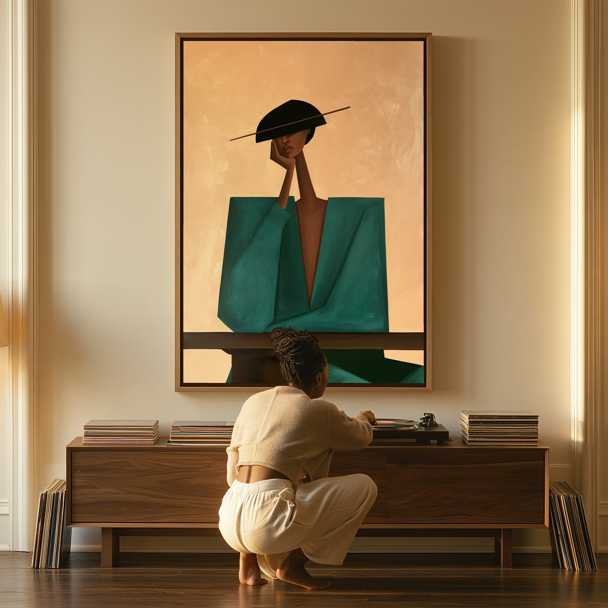 Idle Thought canvas above a console table, a woman beside it