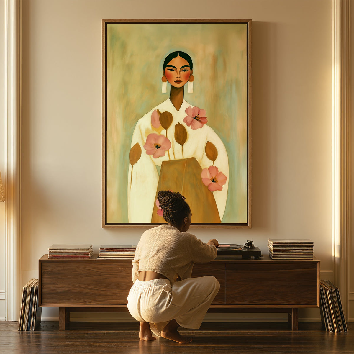 Soft Bloom canvas above a console table, a woman beside it